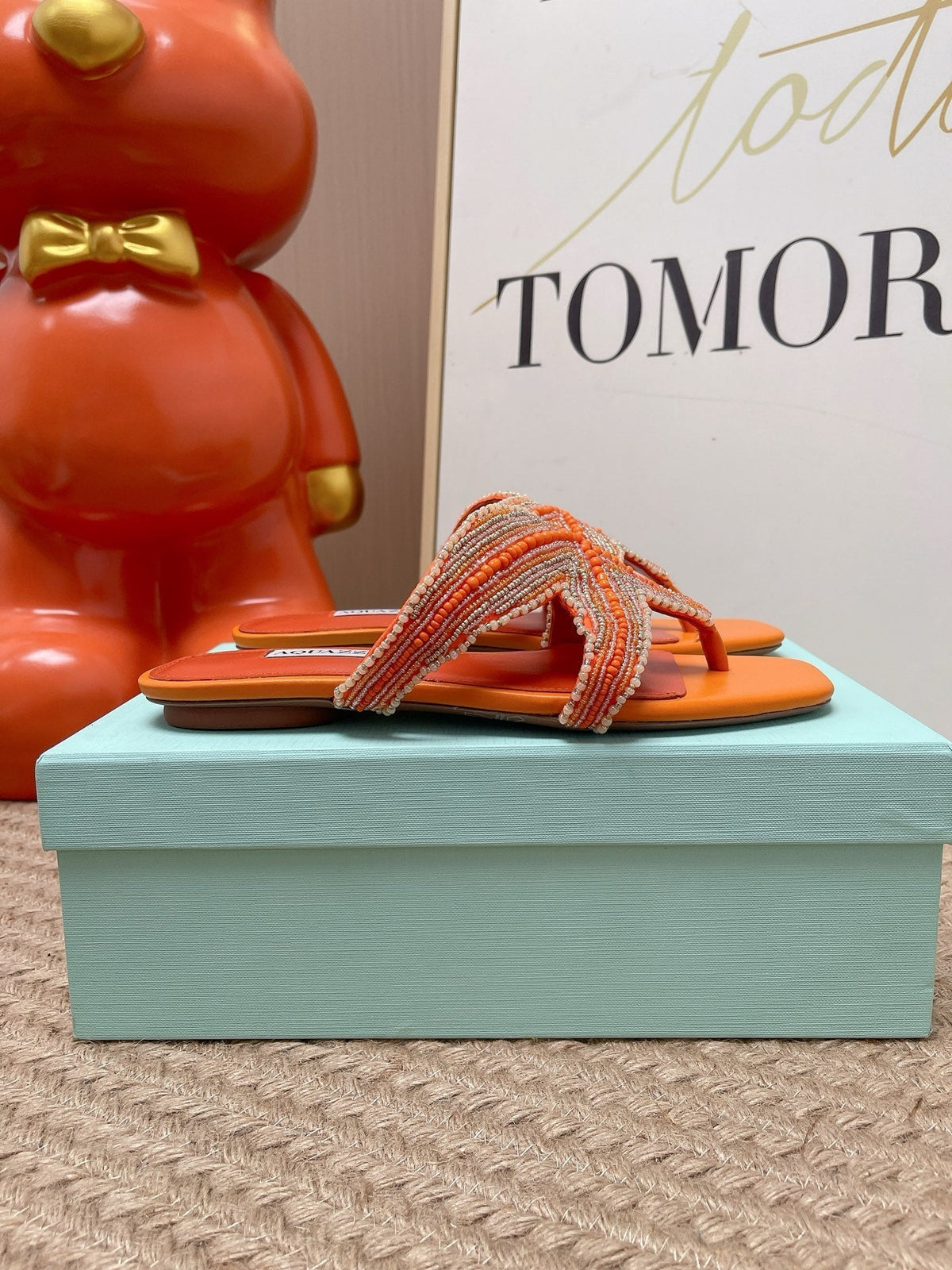 Aquazzura 26s Starfish Beaded Thong Sandals Orange Lambskin 502934