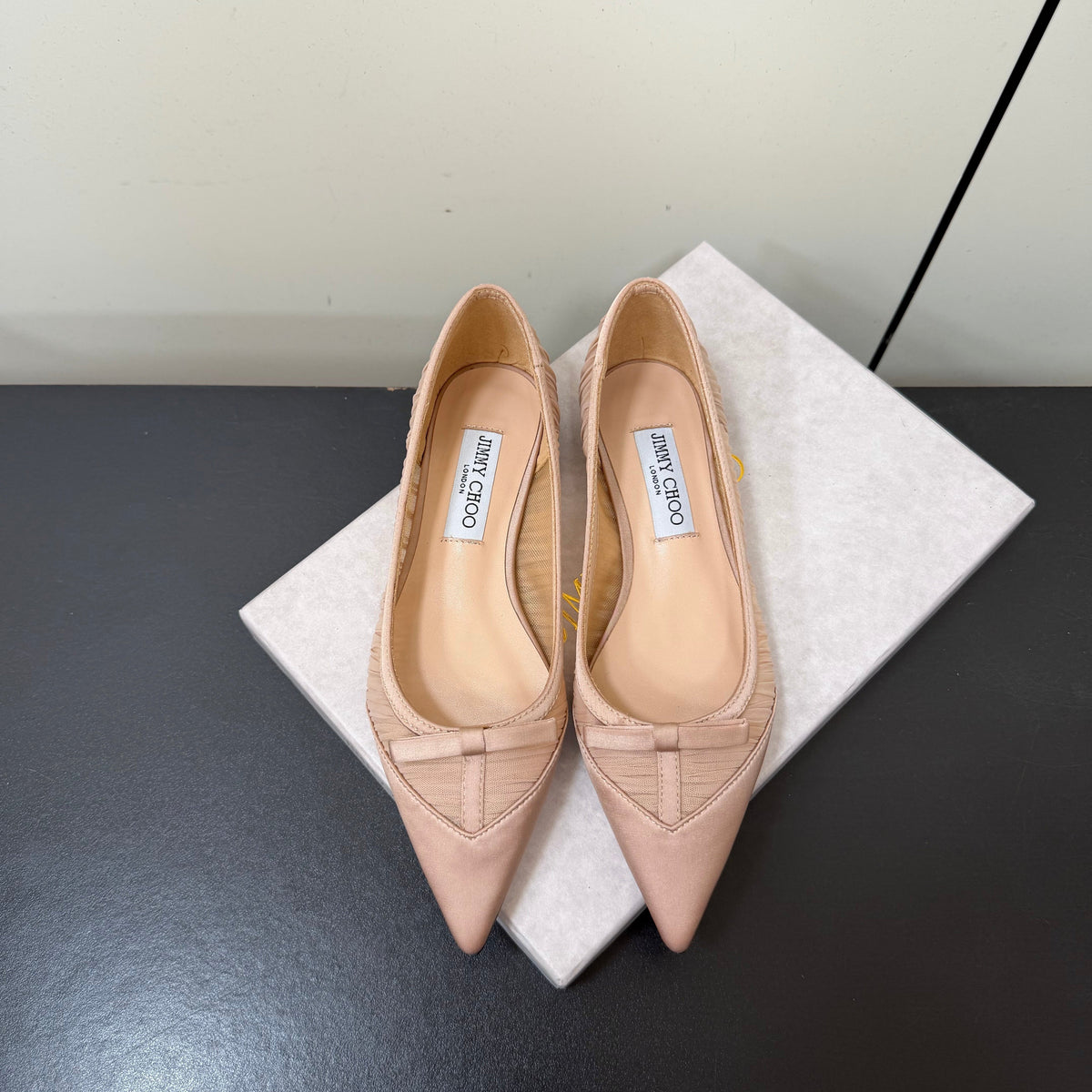 Jimmy Choo 26S Pointed-Toe Flats Nude Satin 639251