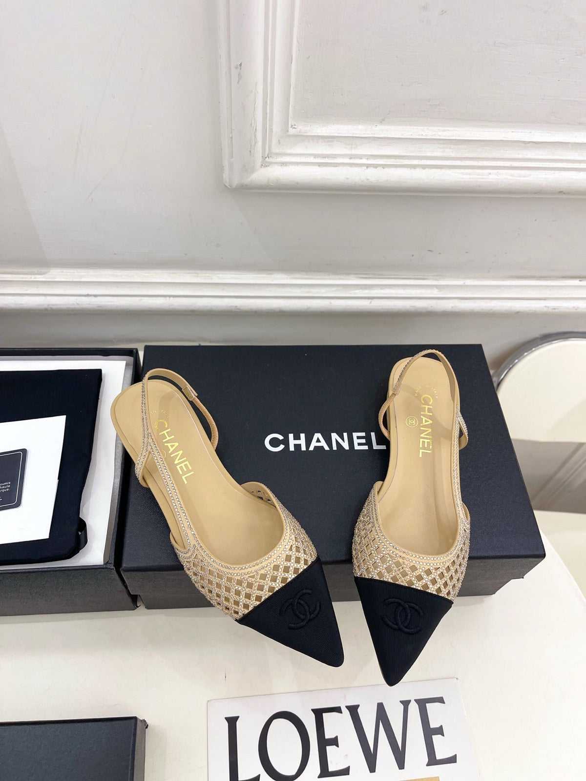 Chanel 26s Flat Pointed Toe Slingback Beige Mesh Black Toe Cap