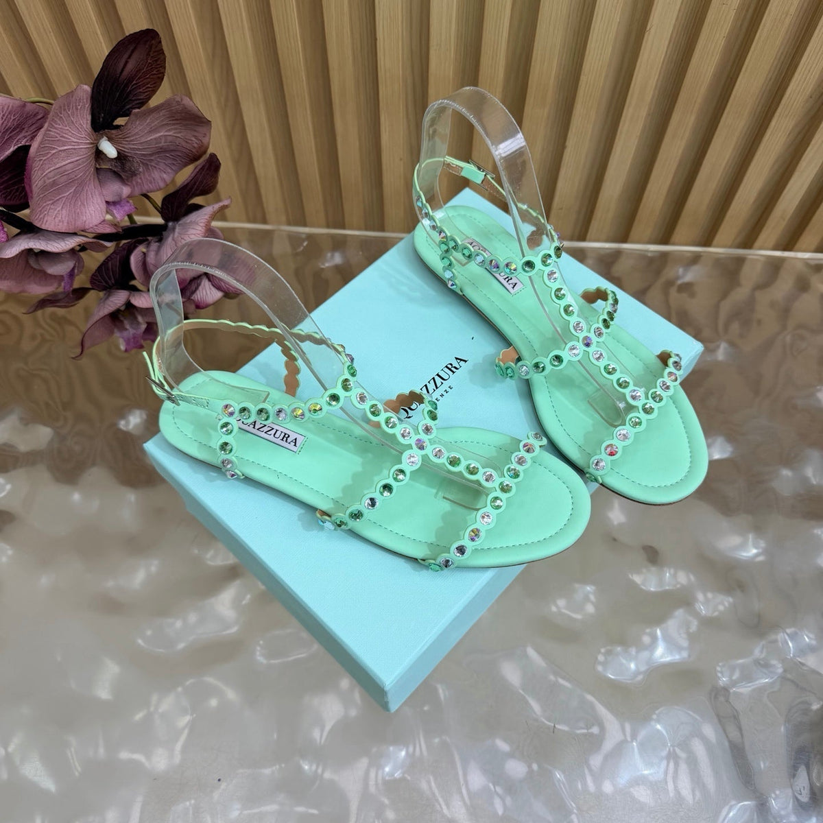 Aquazzura 26s Flat Sandals Mint Green Calfskin Crystal Embellished 694215