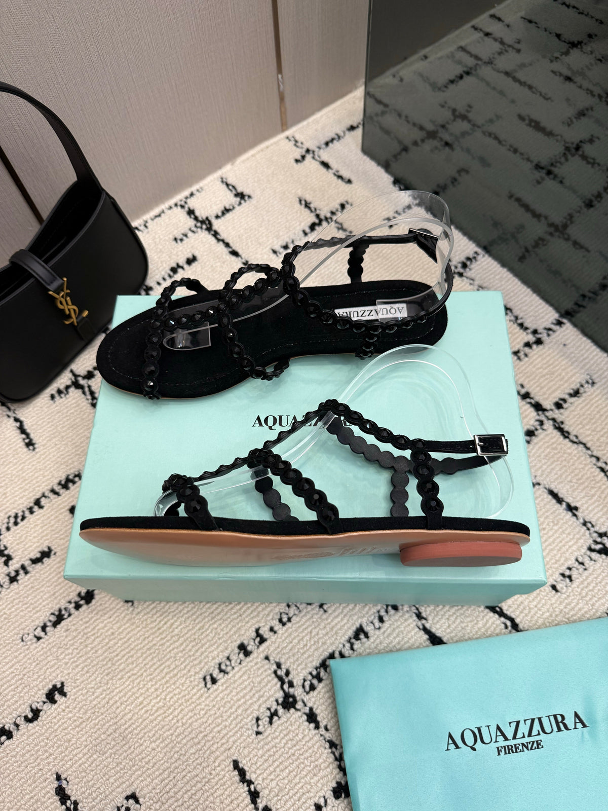Aquazzura 26s Flat Sandals Black Suede Crystal-Embellished 381054
