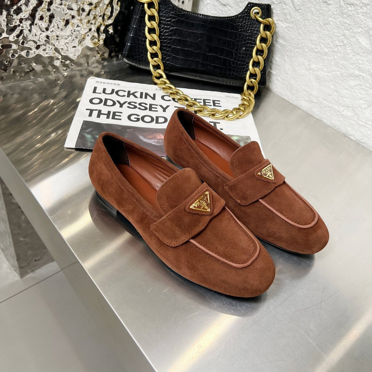 Prada 26S Classic Loafers Chocolate Brown Logo Suede