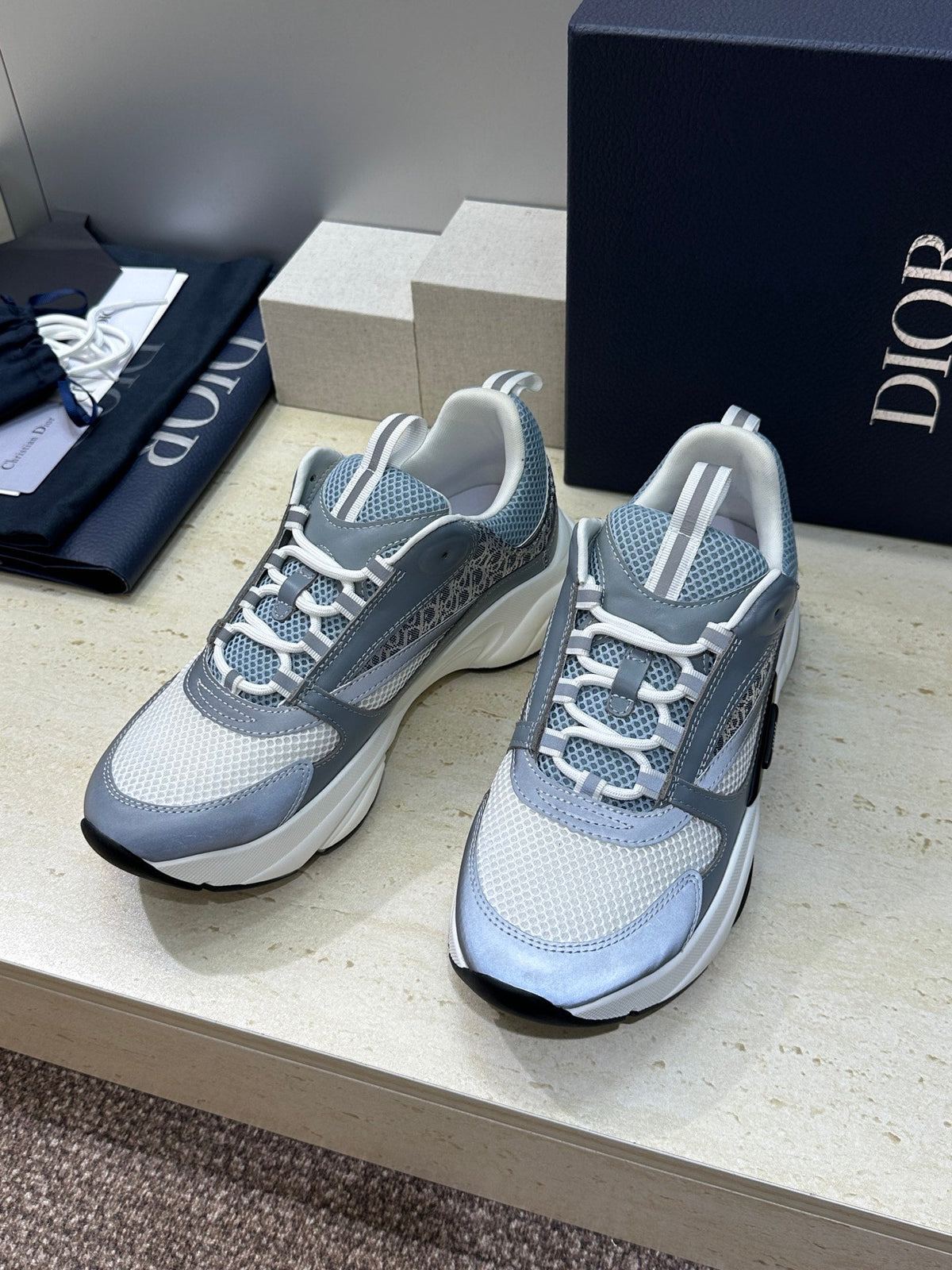 CD 26s Men B22 Sneakers Grey Light Blue Oblique Jacquard Canvas 491052