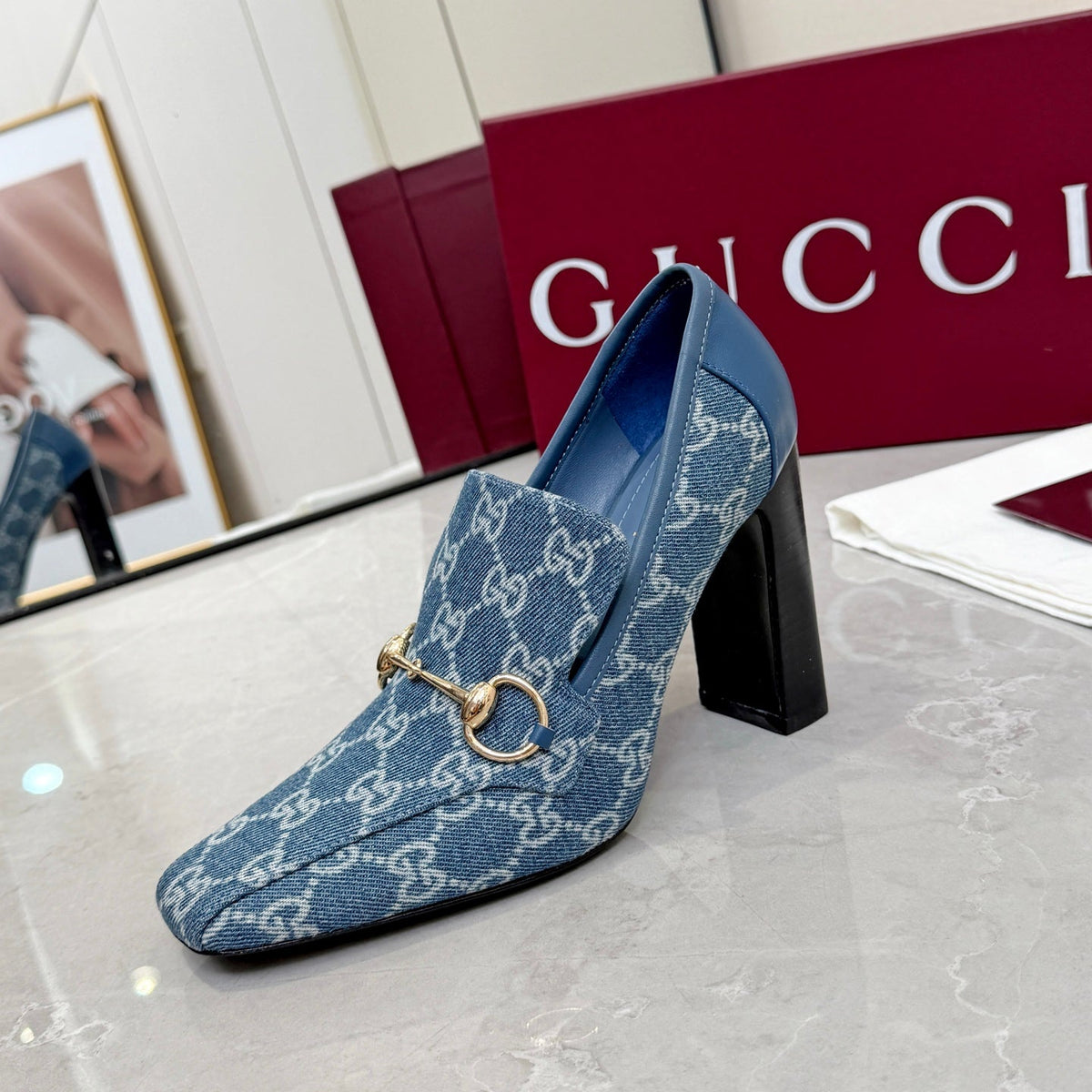GG 26S Horsebit Loafers 10cm Block Heel Denim Fabric 157228