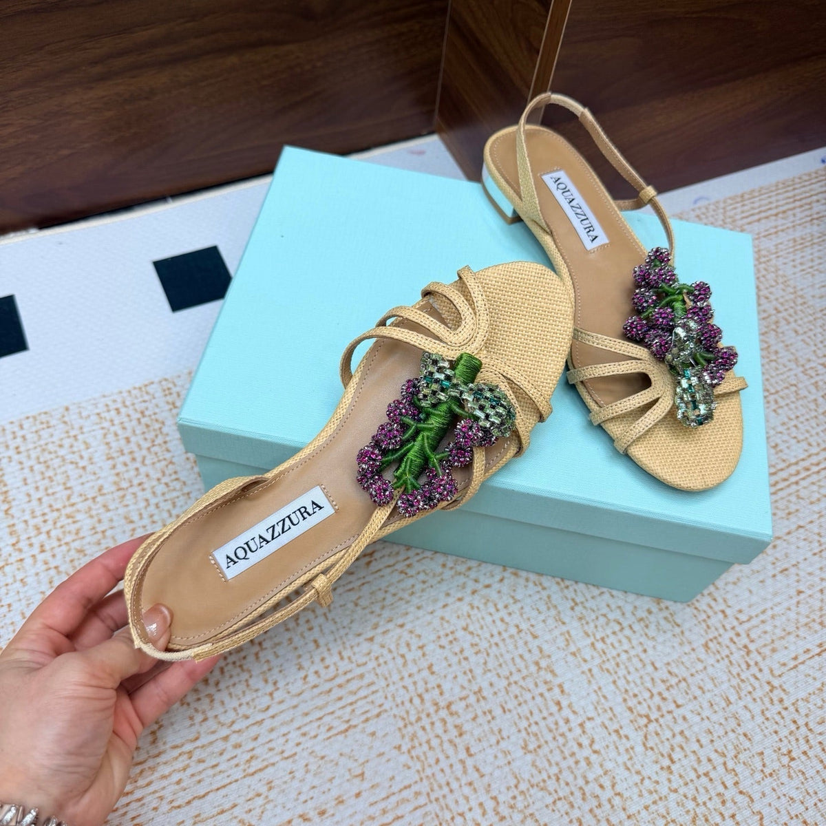 Aquazzura 26s Crystal Sandals Beige Fabric 618493