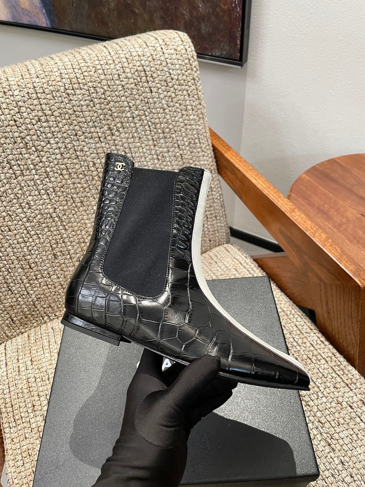 Chanel 26s Ankle Boots Black Crocodile Embossed Calfskin White Trim