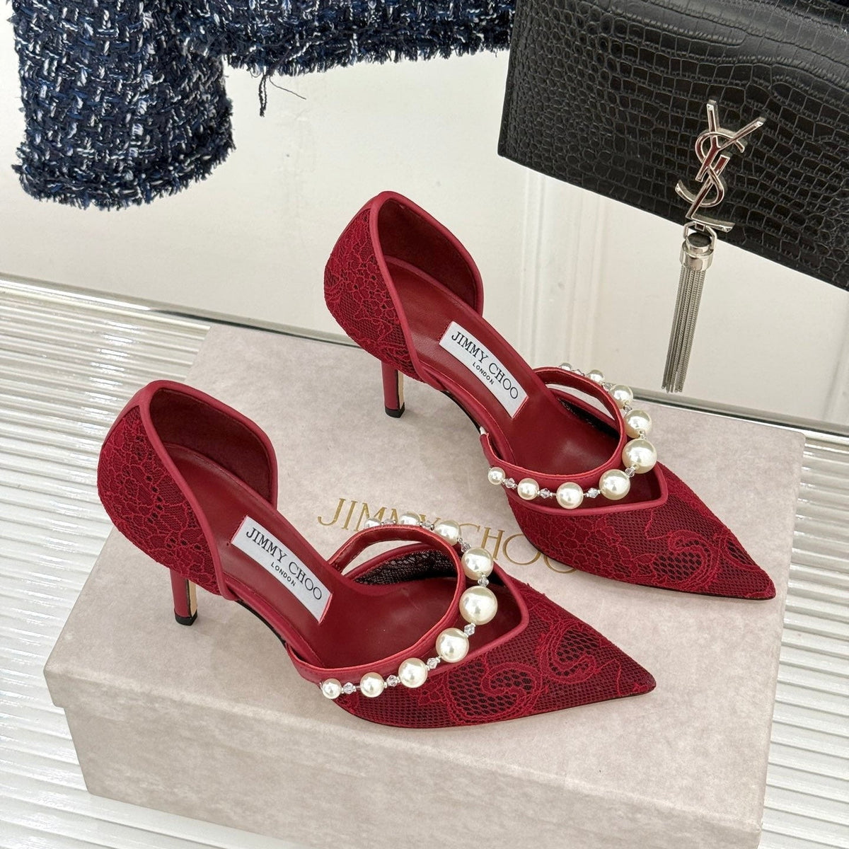 Jimmy Choo 26S High Heels 8.5cm Dark Red Lace Pearl-Embellished 629147