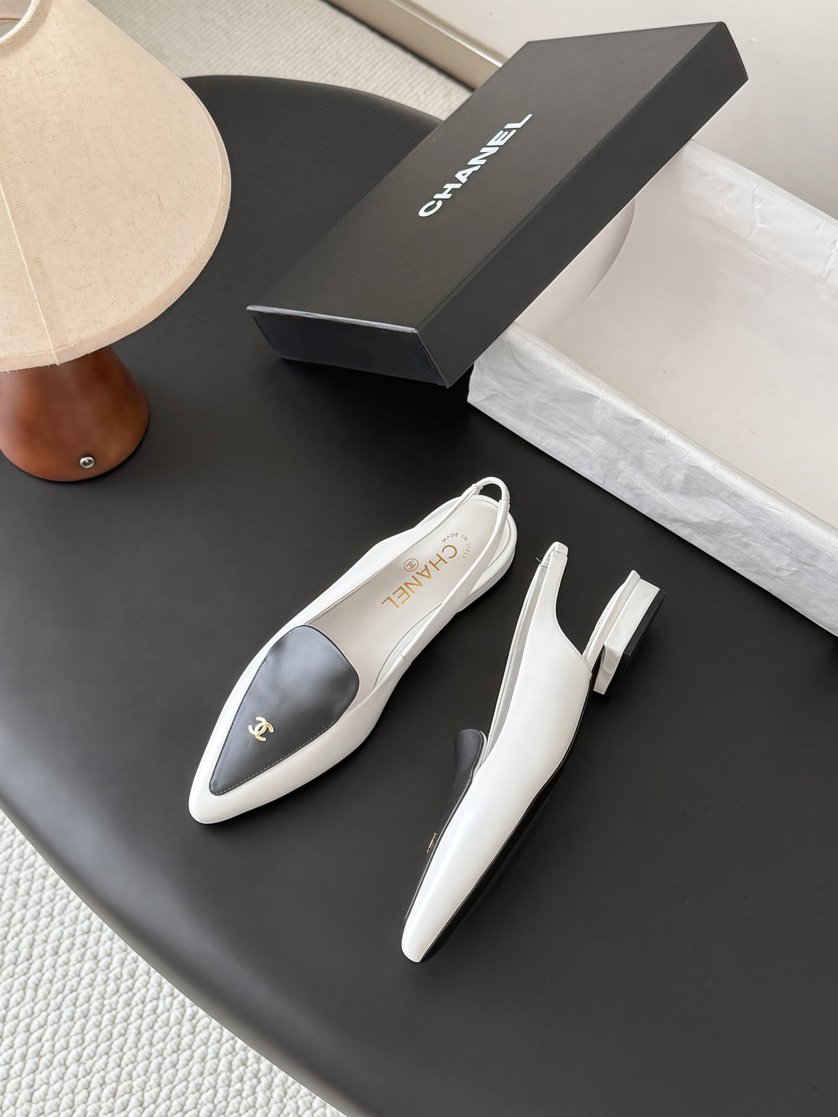 Chanel 26s Slingback Flat Black White Calfskin