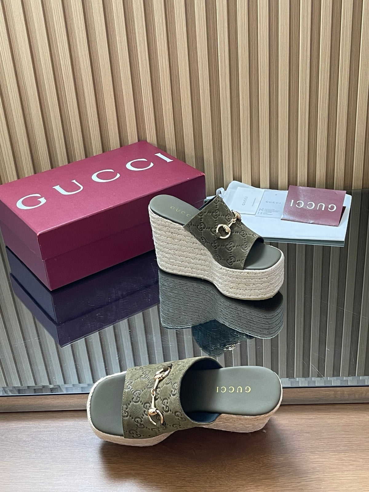 Gucci 26S Wedge Sandals 11Cm In Olive Green Suede GG Monogram
