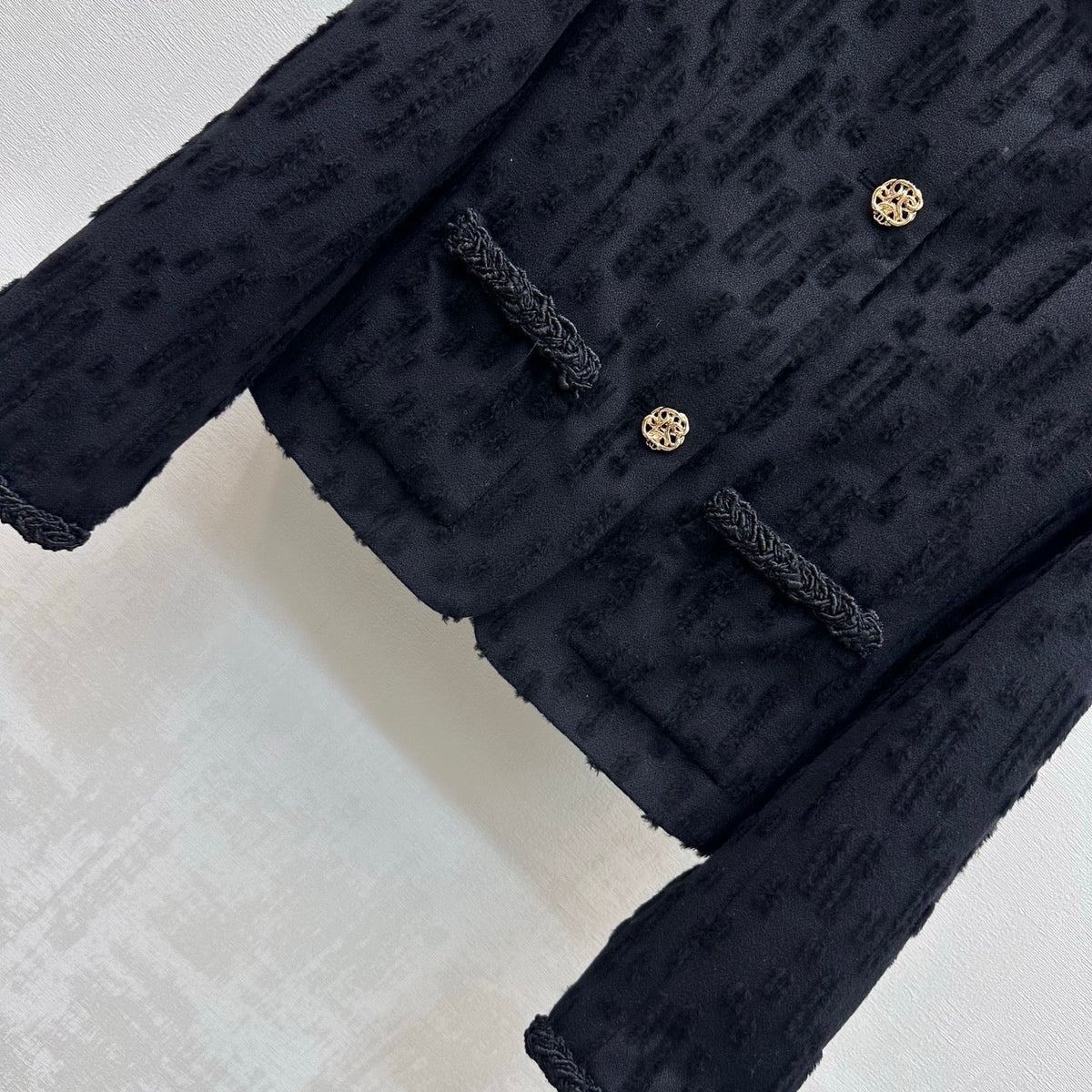 Chanel 26B Textured Wool Jacket With Collar Black 444356