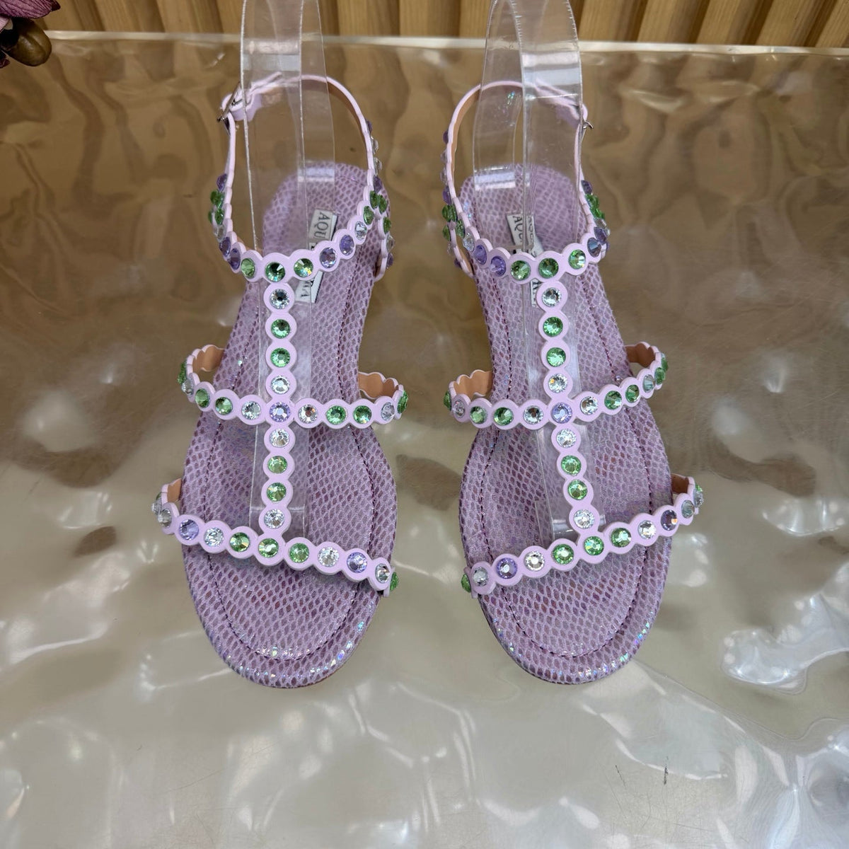 Aquazzura 26s Flat Sandals Light Purple Snakeskin Crystal Embellished 384719
