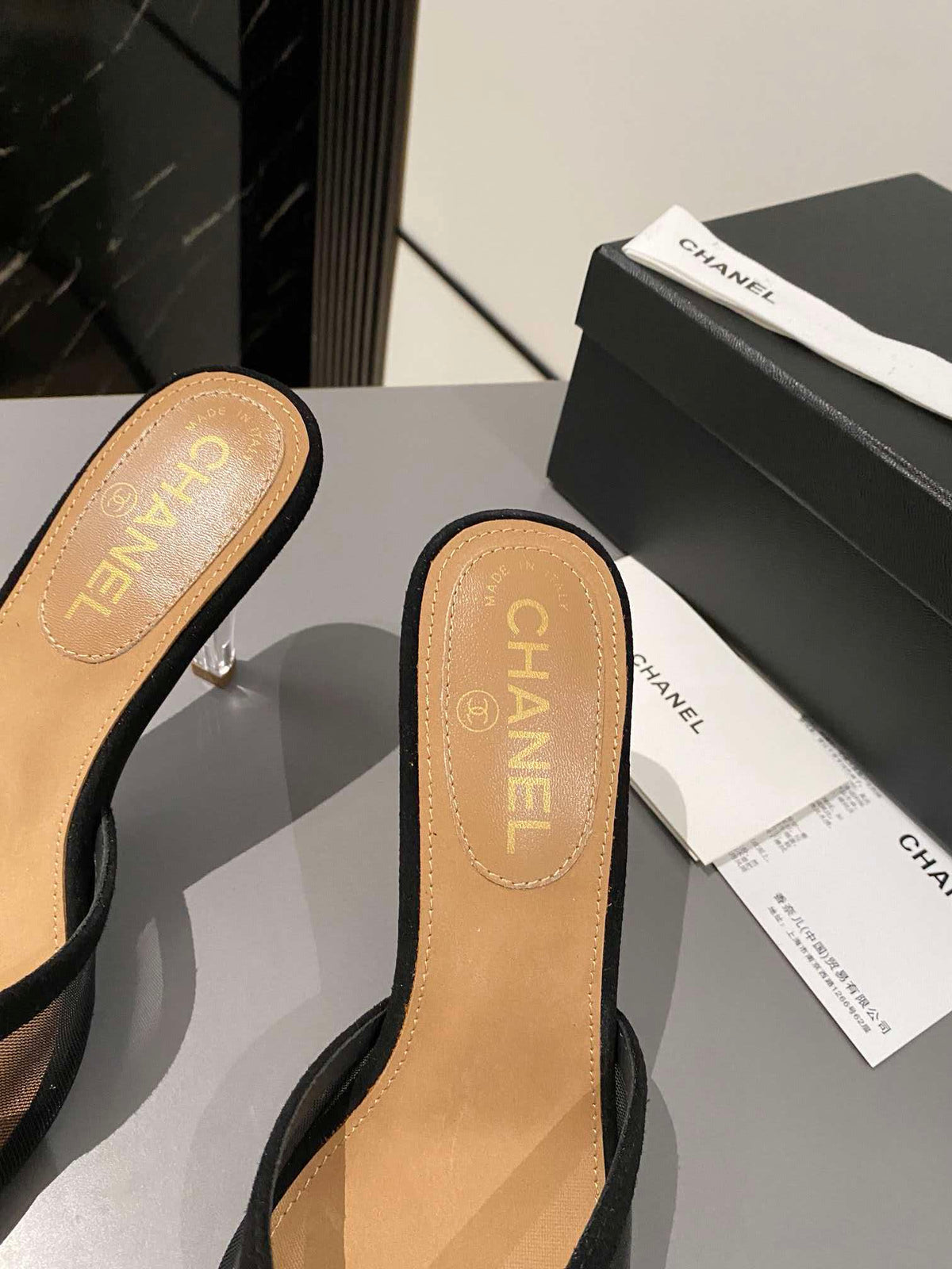 CC Peep-Toe Mules Logo Black Mesh Lambskin