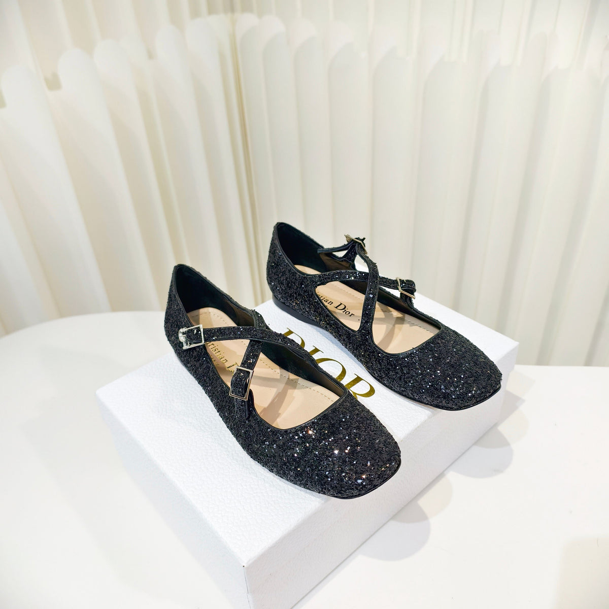Dior 26s Mary Jane Flats Black Sequin Embroidered Fabric