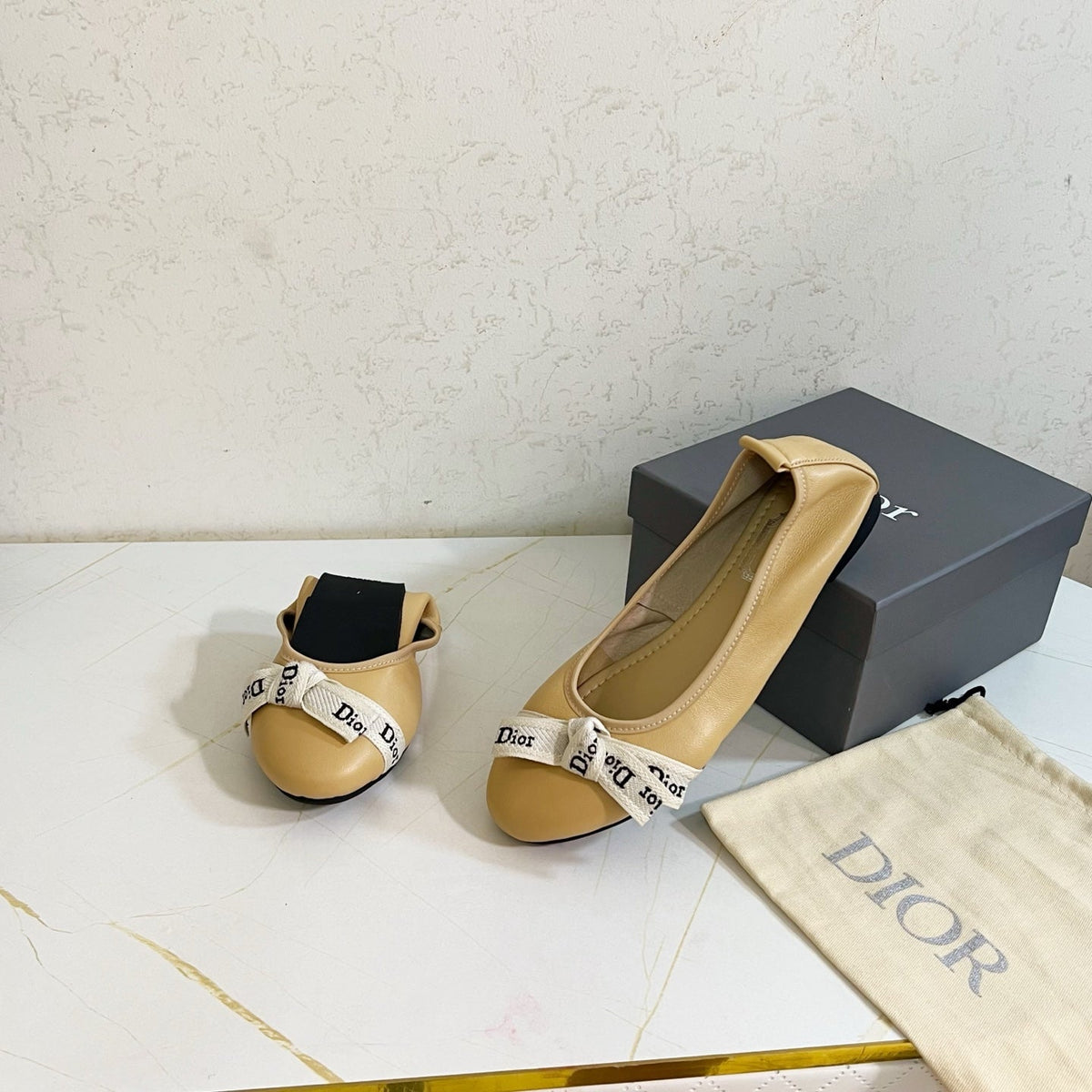 Dior 26s Bow Ballet Flats Beige Calfskin