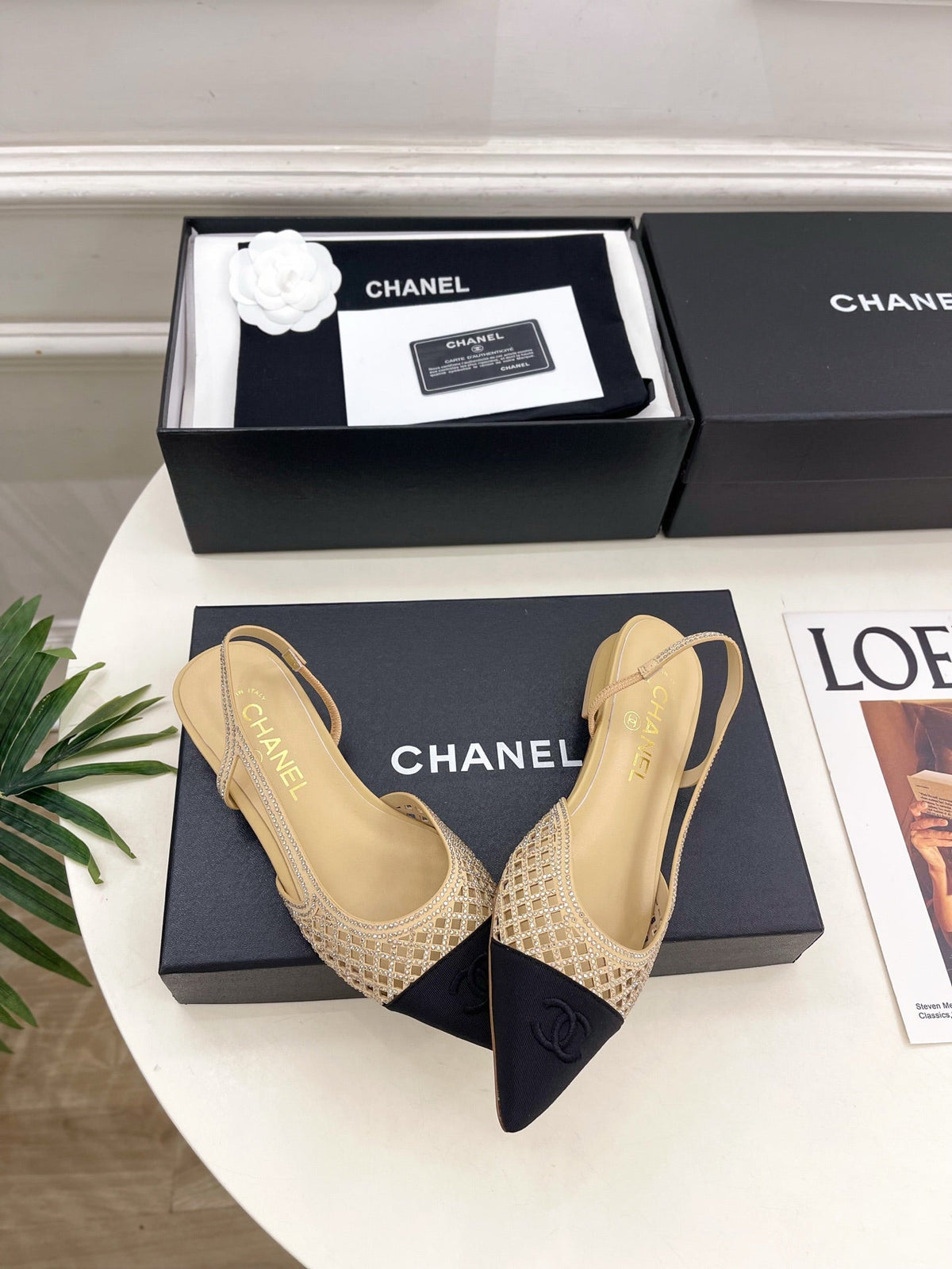 Chanel 26s Flat Pointed Toe Slingback Beige Mesh Black Toe Cap