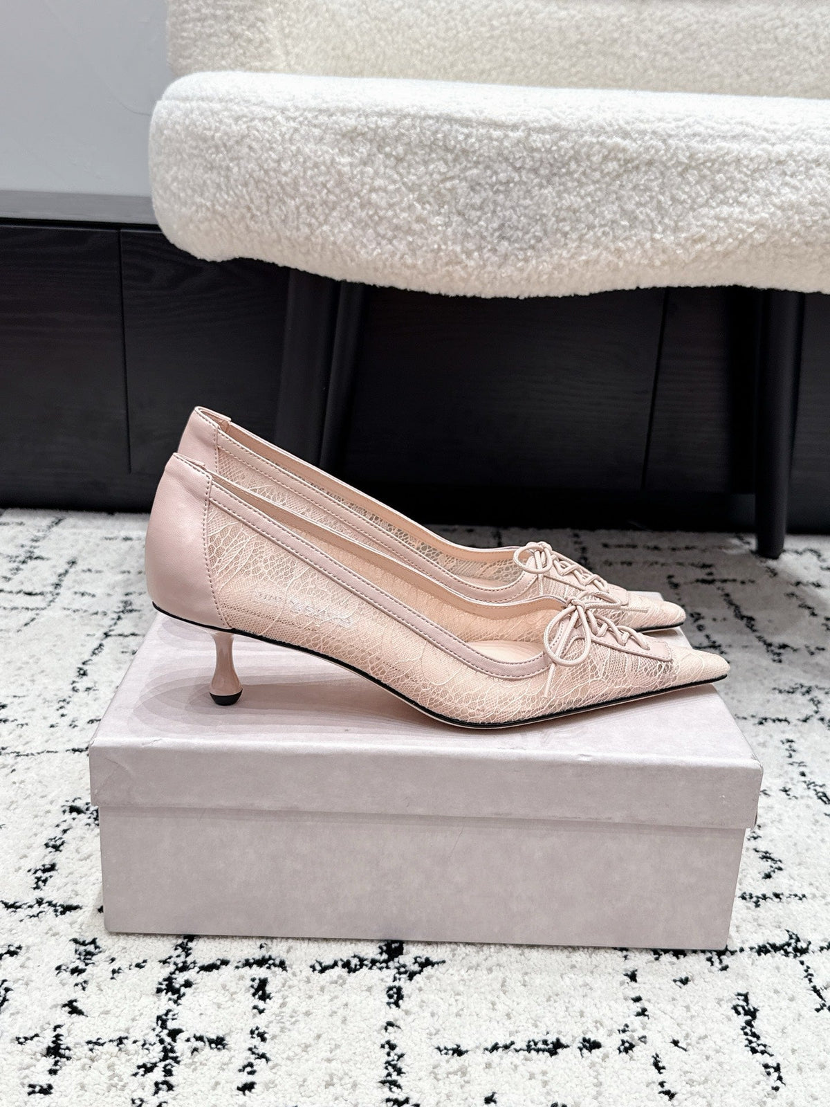 Jimmy Choo 26S Lace-Up High Heels 4.5cm Nude Pink Lace Fabric 719245