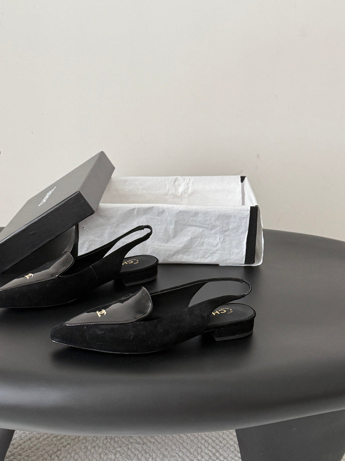 Chanel 26s Slingback Flat Black Suede Calfskin