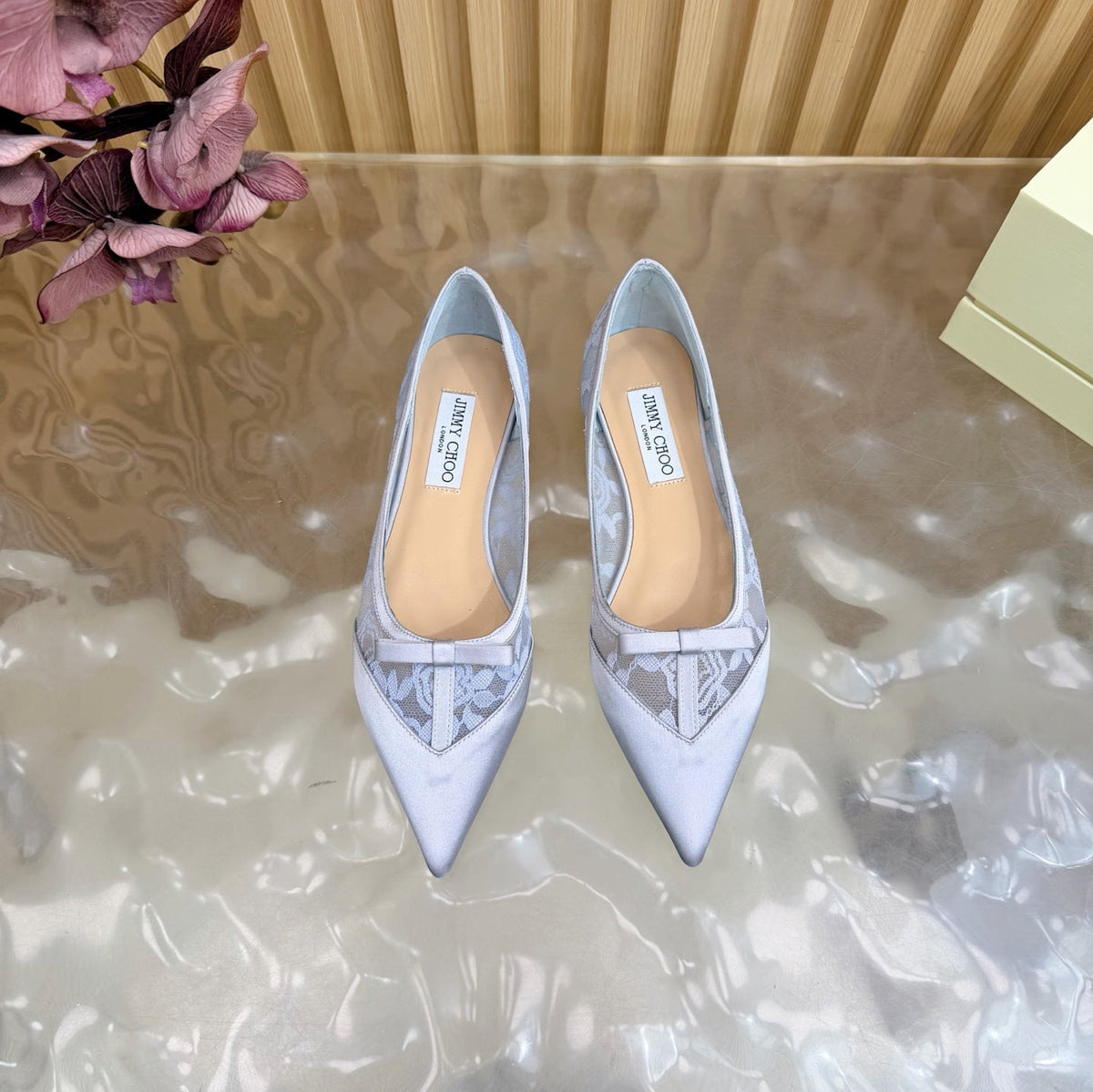 Jimmy Choo 26S Flats Pastel Blue Lace And Satin 418295