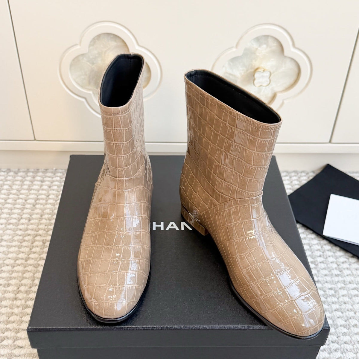 Chanel 26s Short Boots Beige Patent Crocodile Embossed