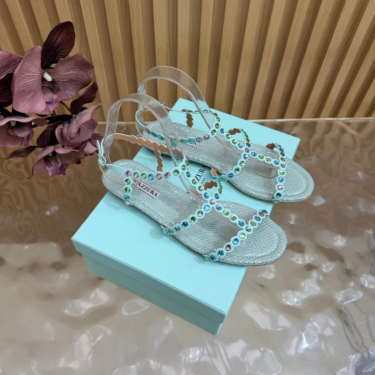 Aquazzura 26s Flat Sandals Light Blue Snakeskin Crystal Embellished 837261