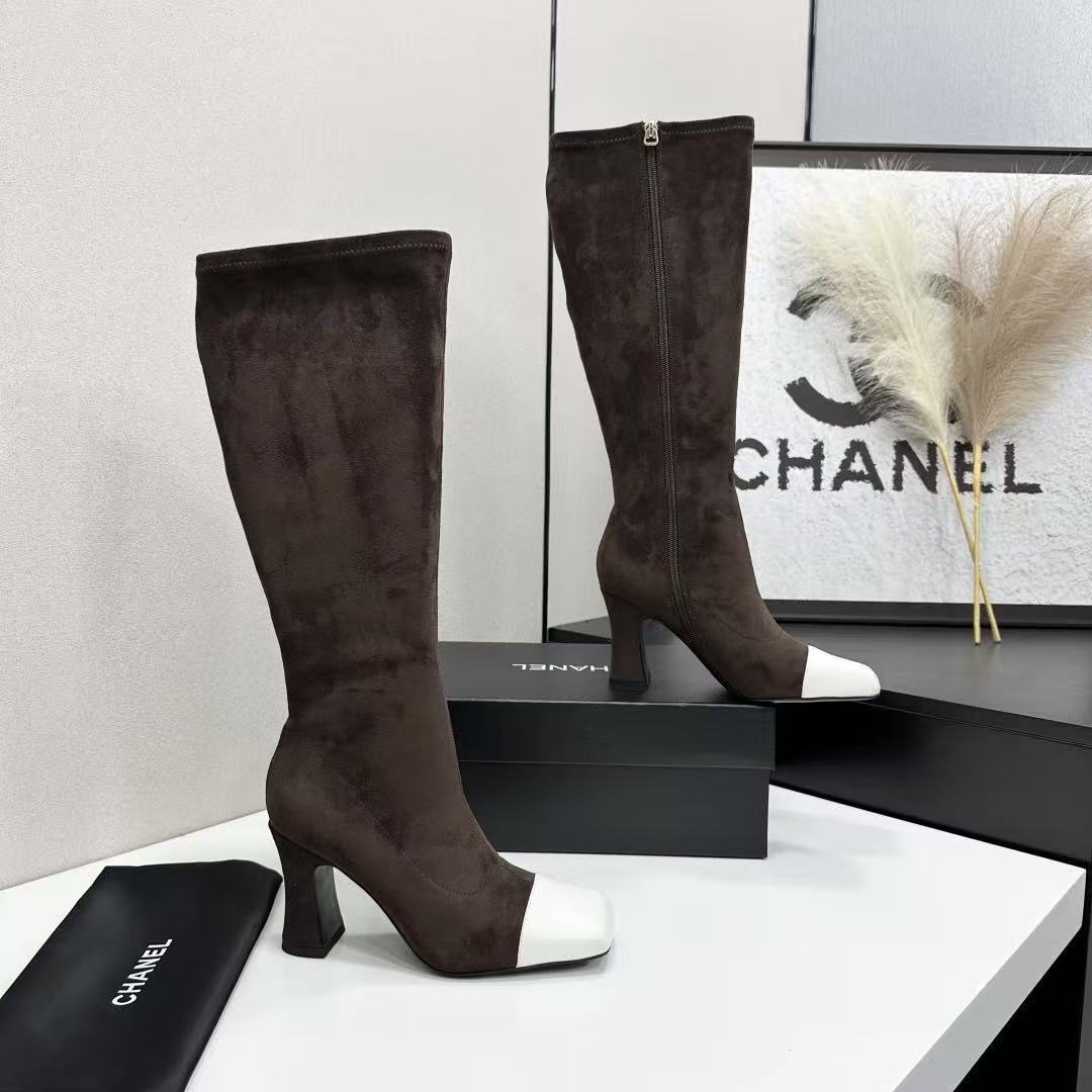 CC Bicolor Cap-Toe High Boots 8.5cm Dark Brown Stretch Suede