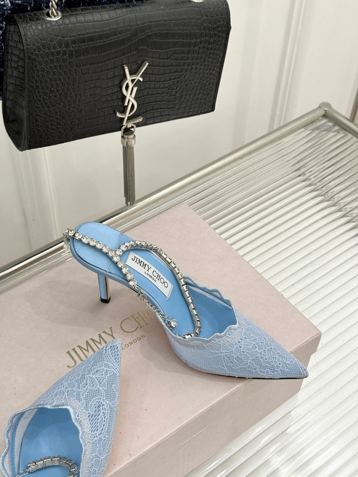 Jimmy Choo 26S Embellished High-Heeled Sandals 8.5cm Blue Lace 483195