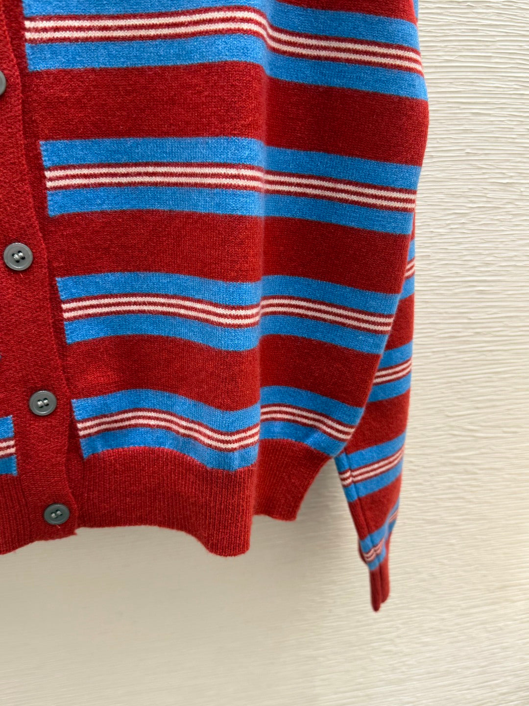 Miu Striped Knit Cardigan Round Neck Button-Front Red Blue Wool 313352