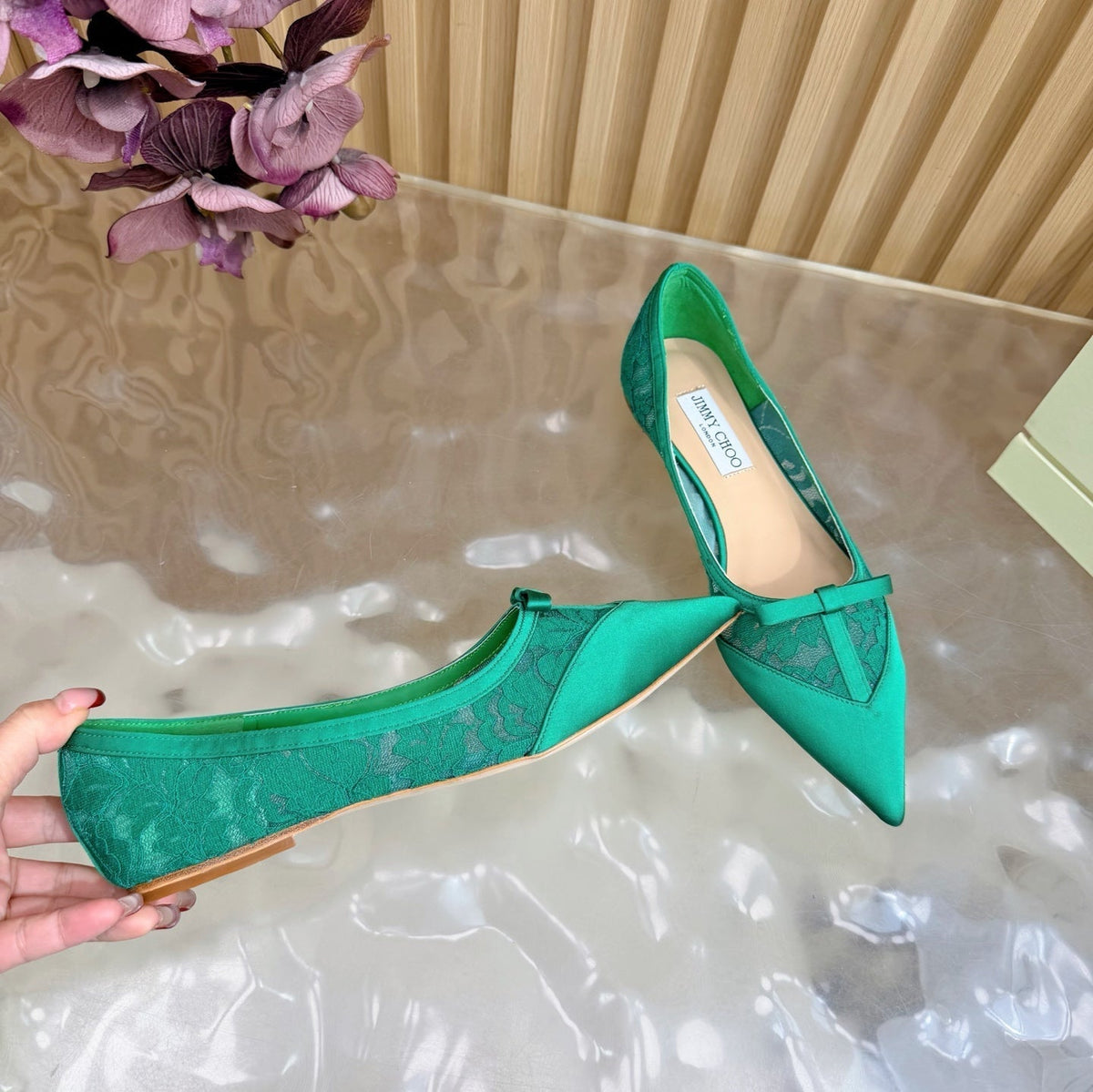 Jimmy Choo 26S Flats Green Lace And Satin 571492