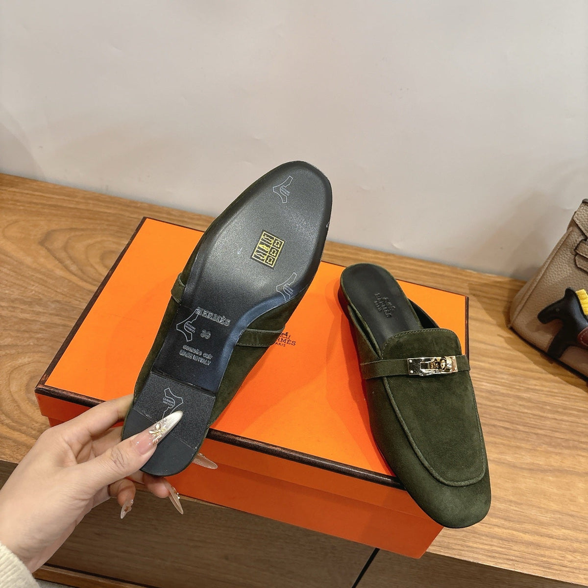 HM 26s Oz Mule Dark Olive Green Suede Gold Hardware