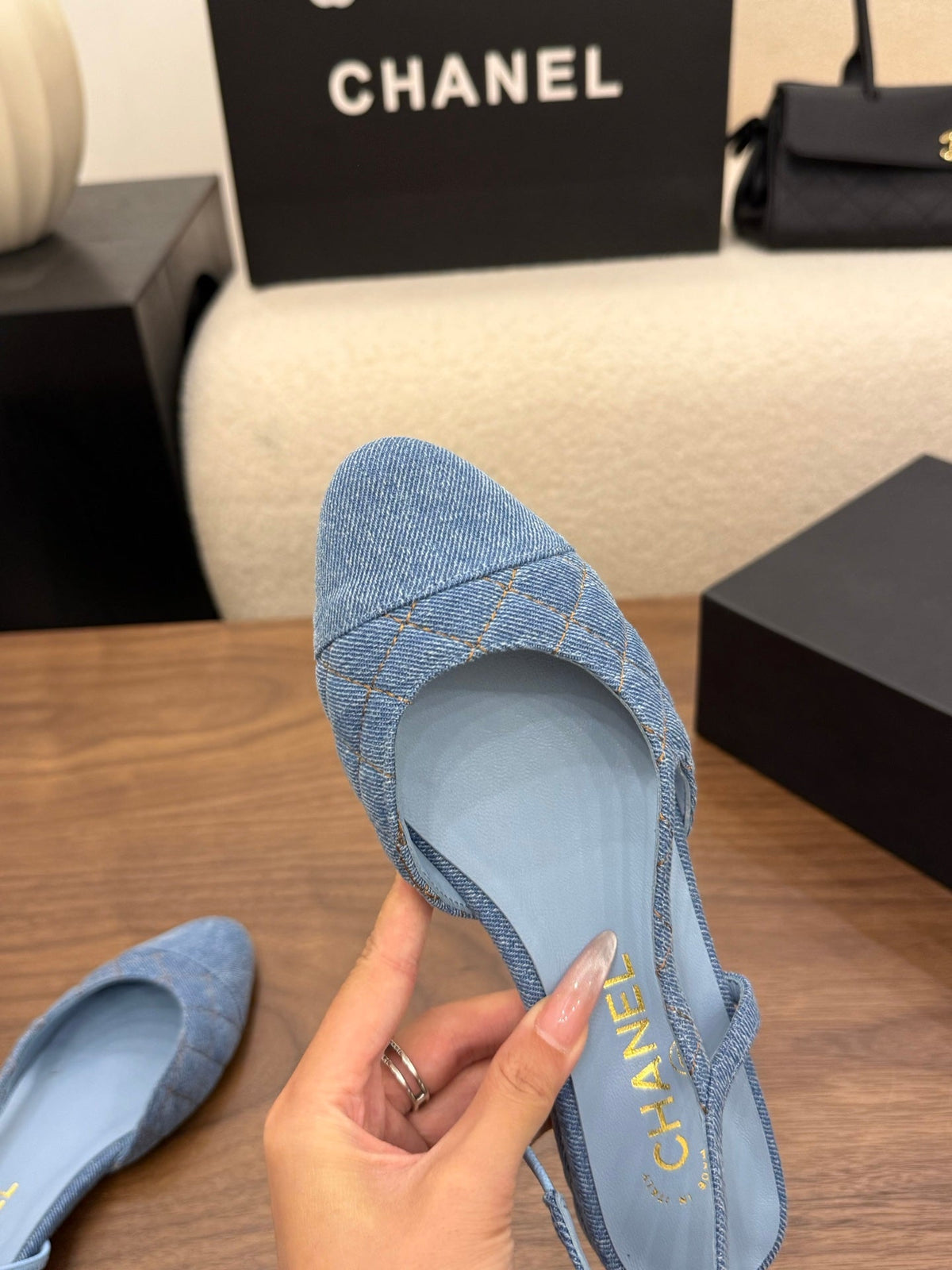 Chanel 26s Slingback Pumps Blue Denim Pointed Toe