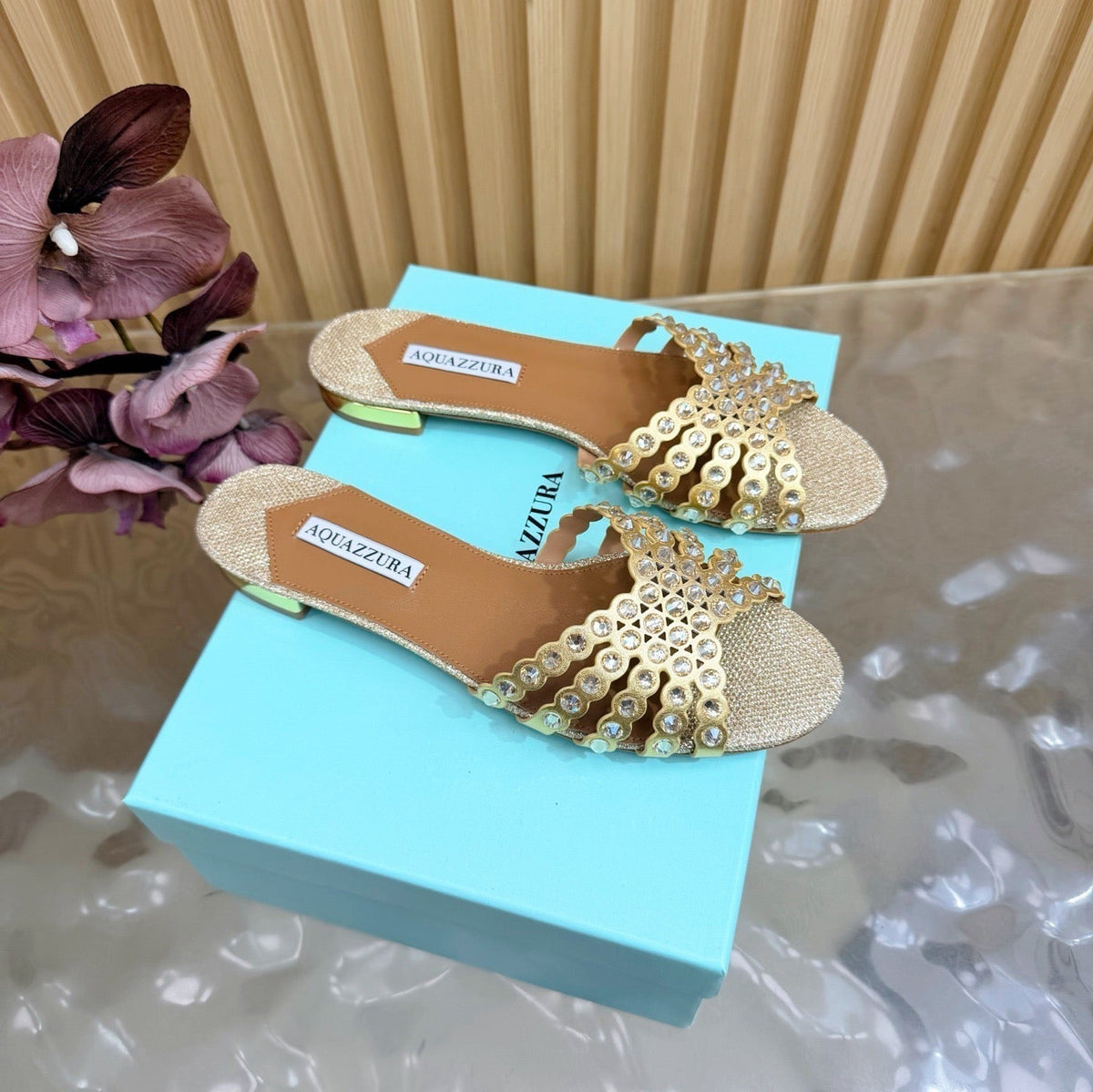 Aquazzura 26s Slides Beige Lurex Fabric 491028