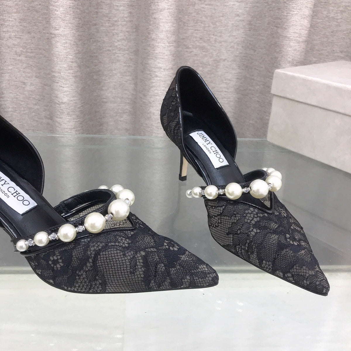 Jimmy Choo 26S High Heels 6.5cm Black Lace Pearl-Embellished 529418