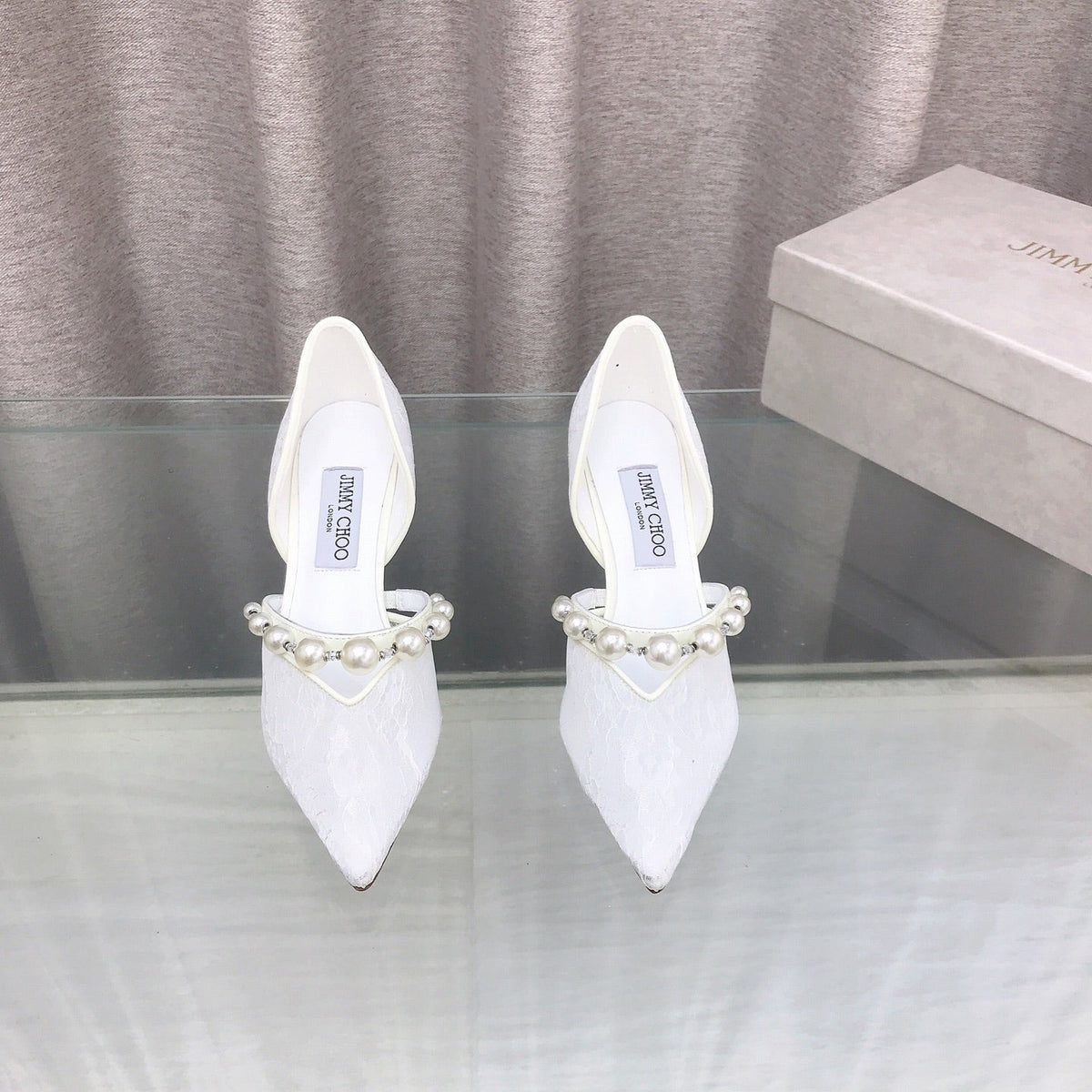 Jimmy Choo 26S High Heels 6.5cm White Lace Pearl-Embellished 714936