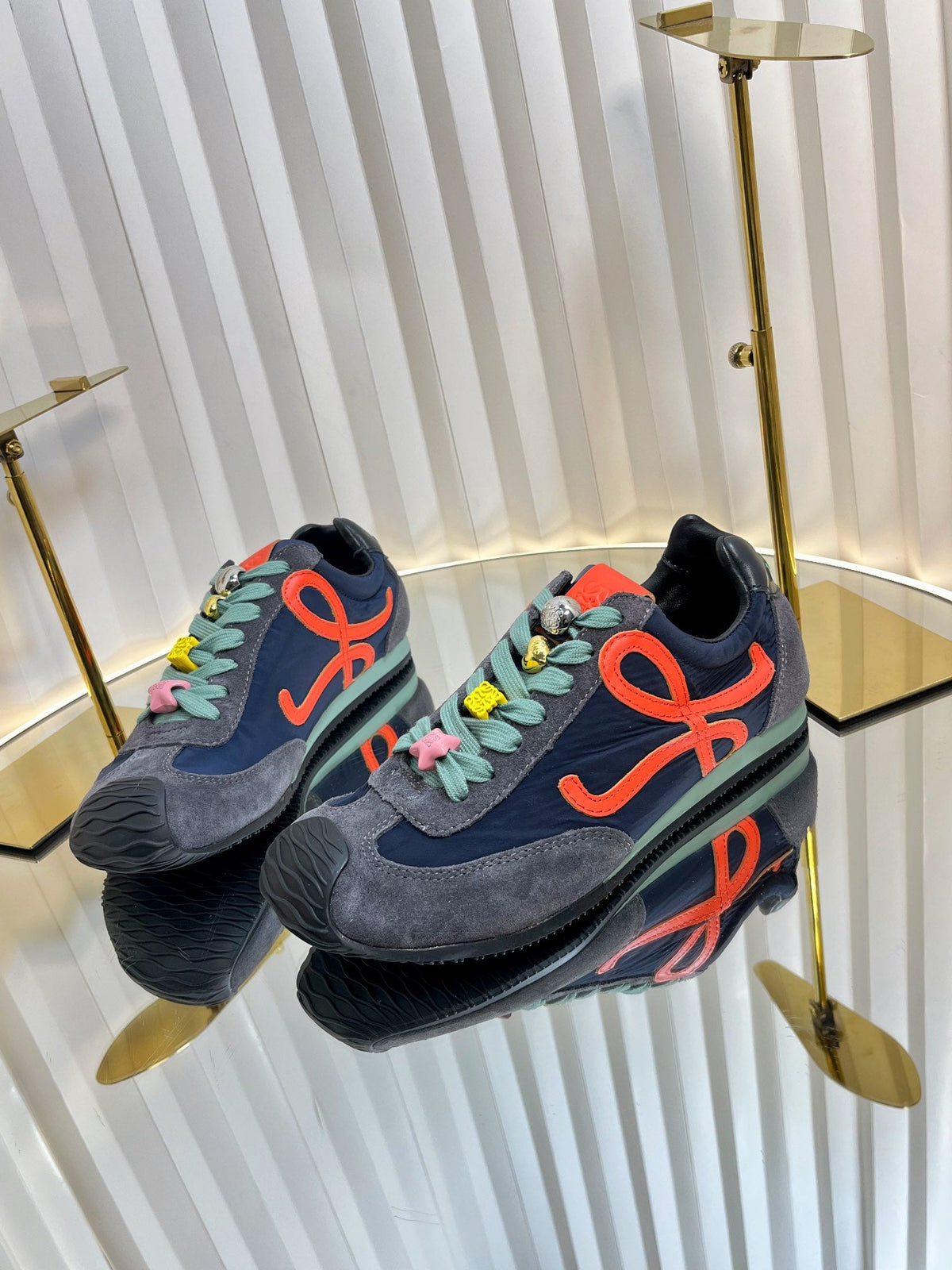 Loewe 26S Runner 2.0 Sneakers in Grey Suede and Navy Blue Fabric