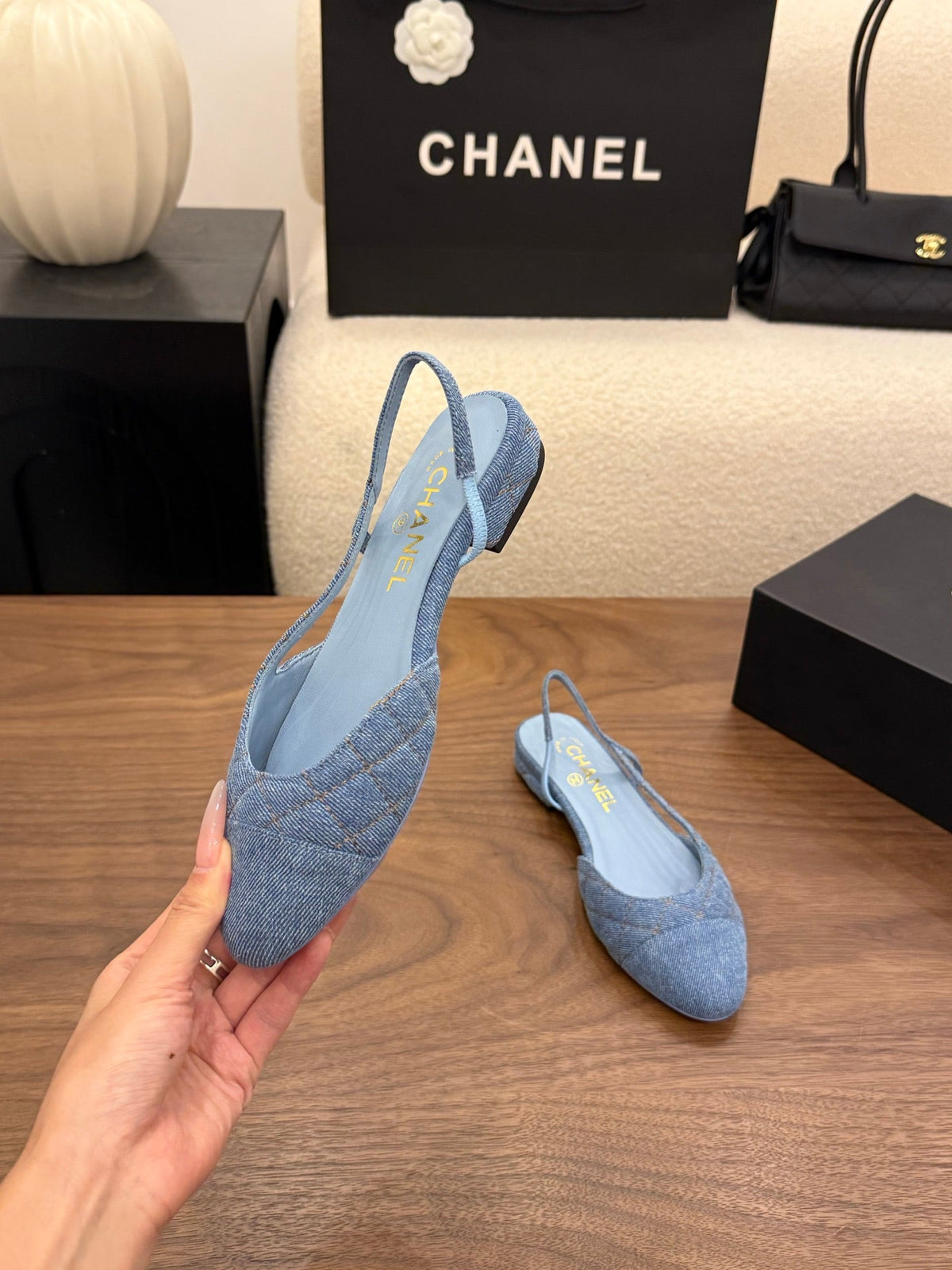 Chanel 26s Slingback Pumps Blue Denim Pointed Toe