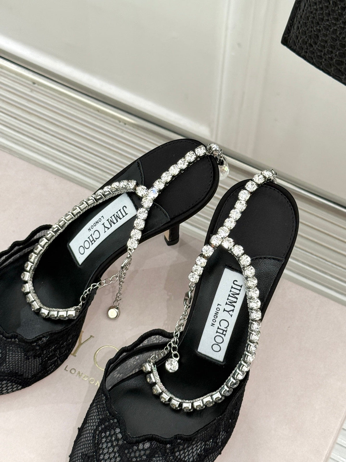 Jimmy Choo 26S Embellished High-Heeled Sandals 8.5cm Black Lace 529184