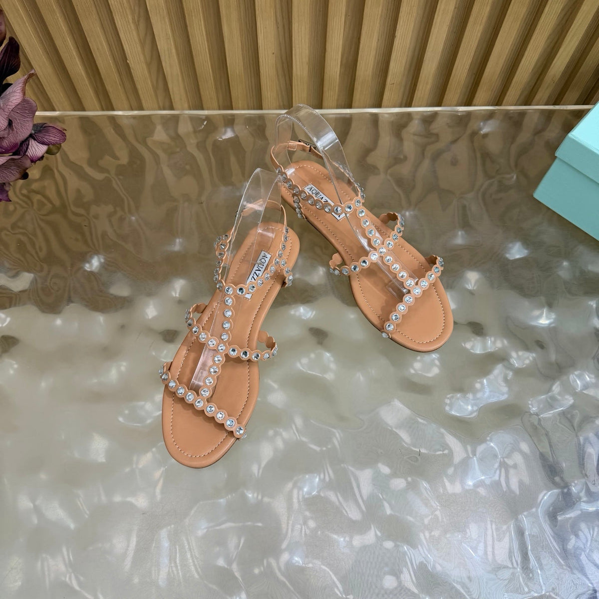 Aquazzura 26s Flat Sandals Nude Calfskin Crystal Embellished 582419