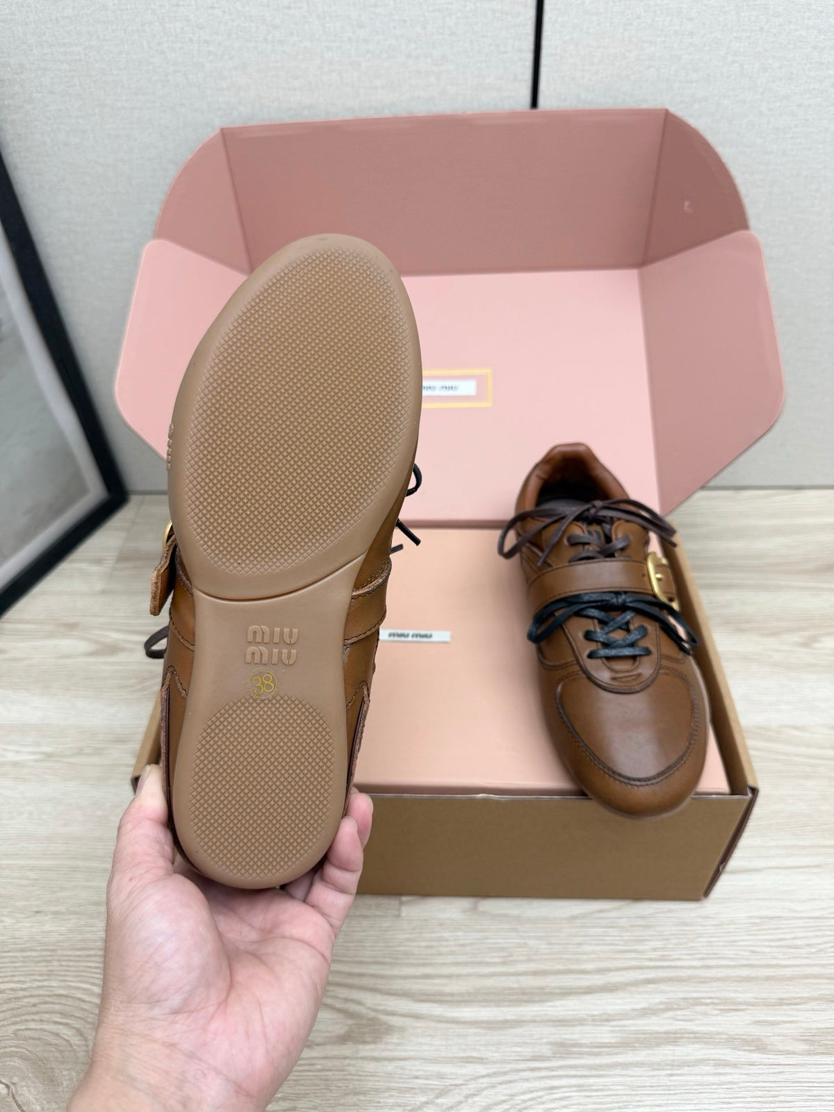 Miumiu 26s Buckle Sneakers Brown Calfskin With Gold Hardware