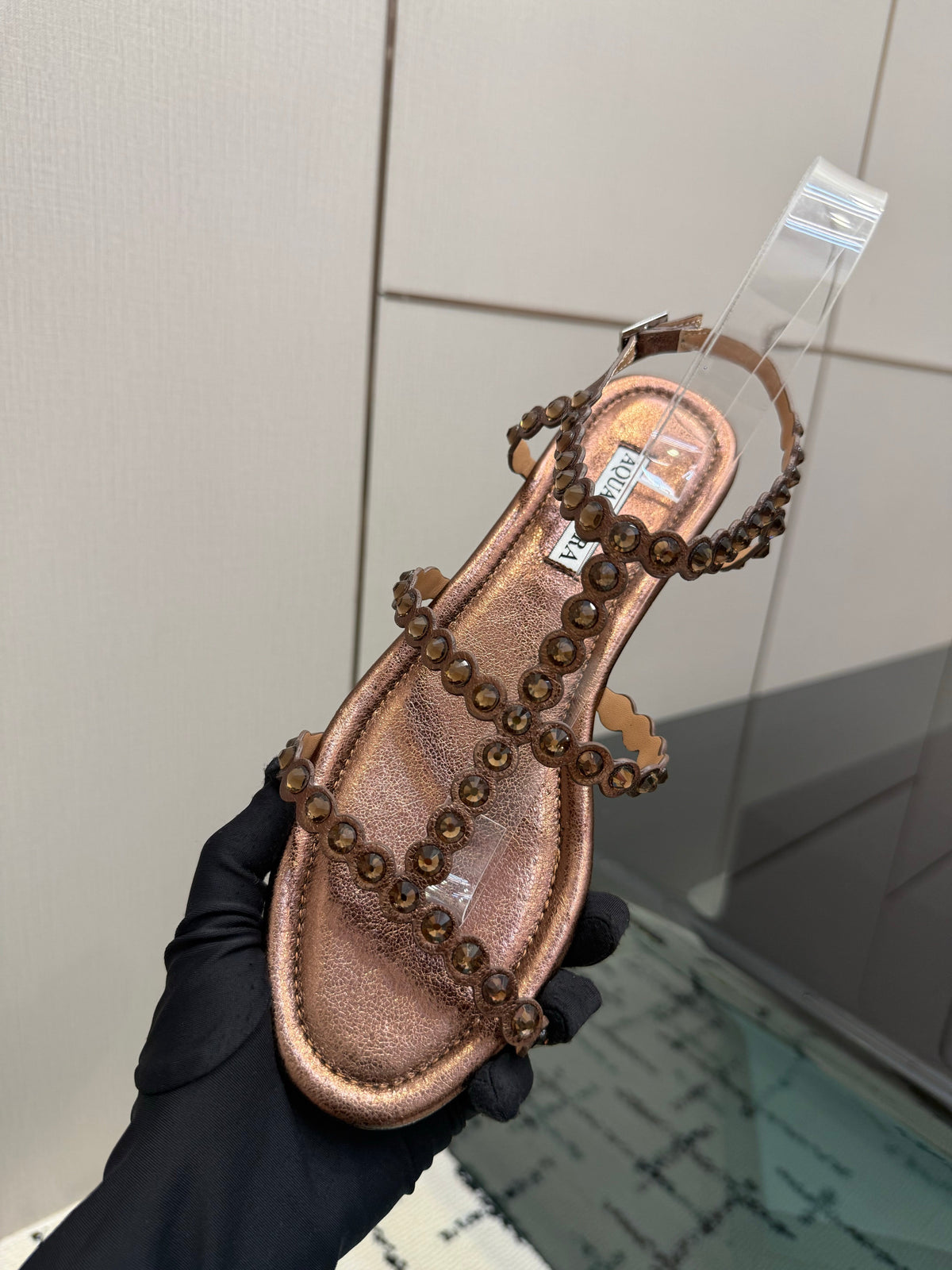 Aquazzura 26s Flat Sandals Dark Brown Lambskin Crystal-Embellished 824915