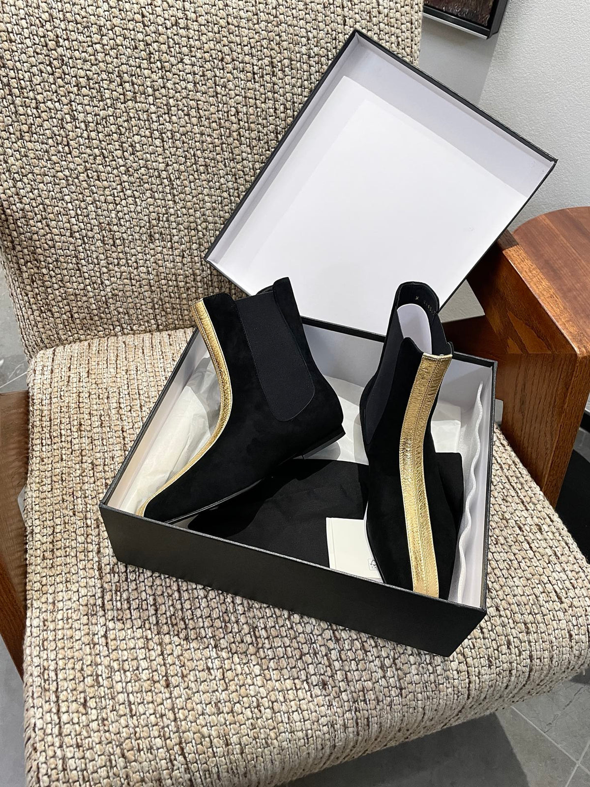 Chanel 26s Ankle Boots Black Suede Contrasting Gold Tone Trim