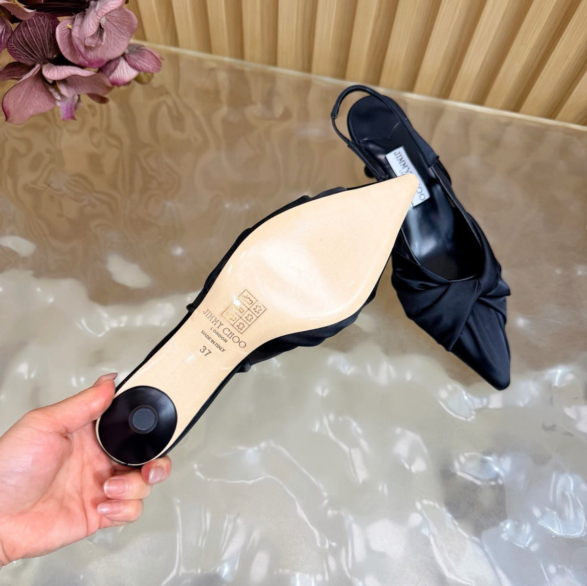 Jimmy Choo 26S Slingback Heels 6.0cm Black Satin With Knot Detail 529148
