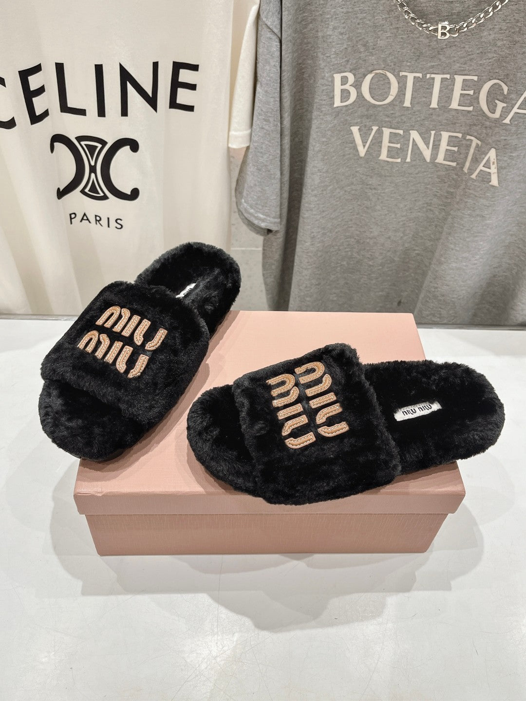 Miumiu 26s Flat Slides Black Shearling