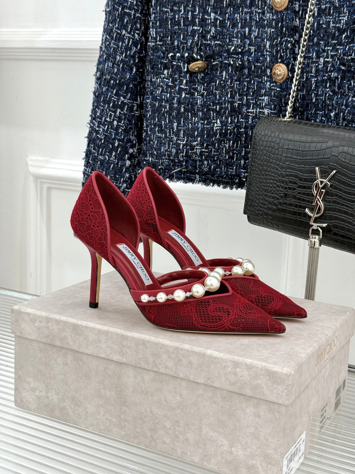 Jimmy Choo 26S High Heels 8.5cm Dark Red Lace Pearl-Embellished 629147