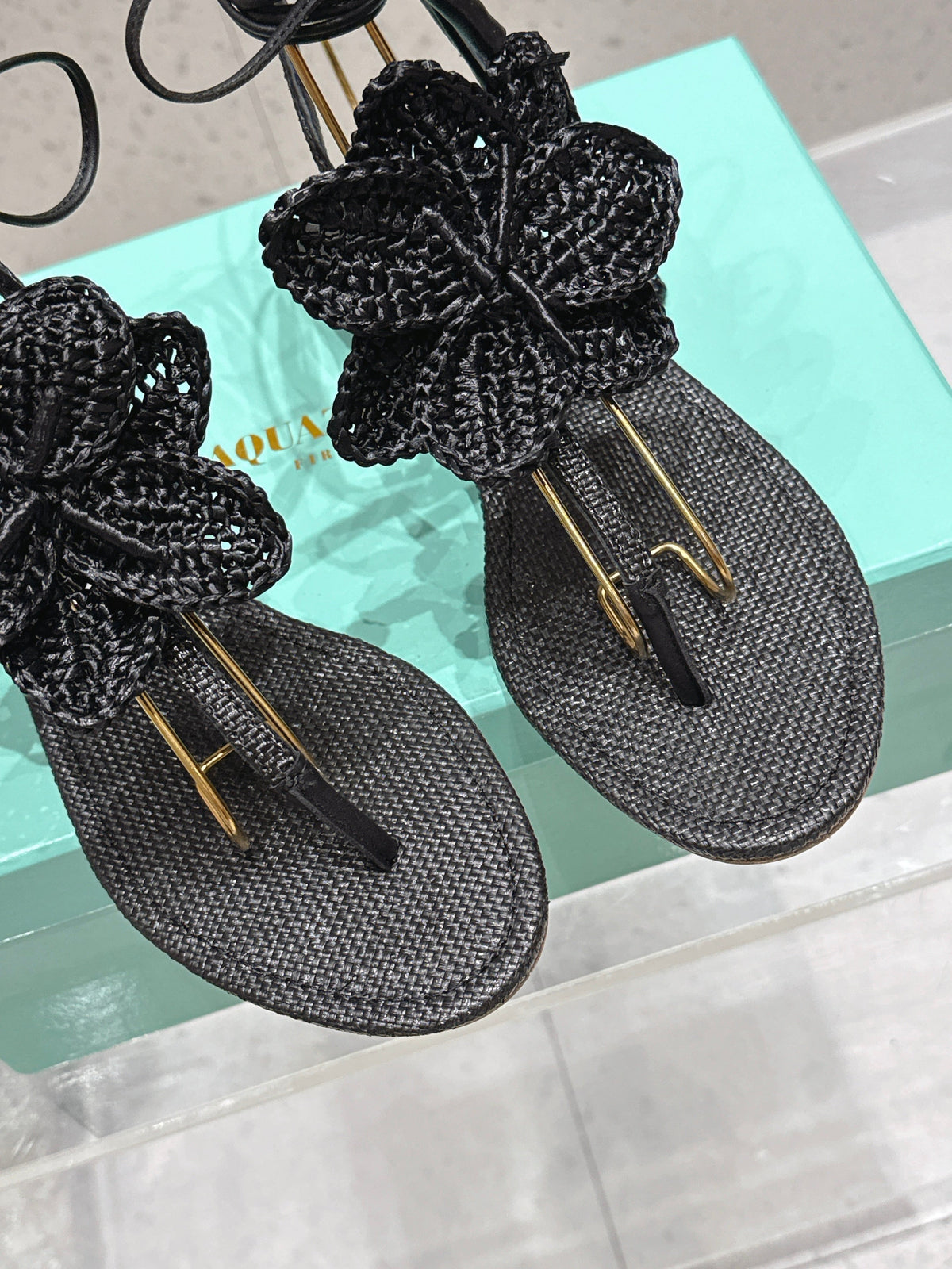 Aquazzura 26s Floral Thong Sandals Black Woven Raffia 842159