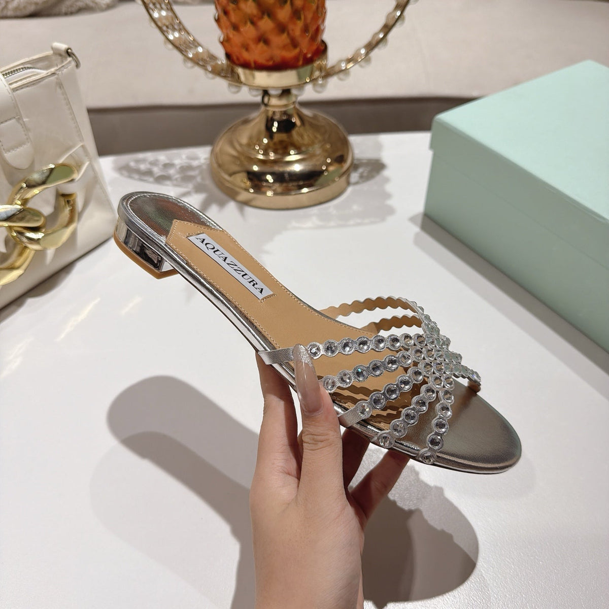 Aquazzura 26s Slides Silver Lambskin Crystal Embellished 820493