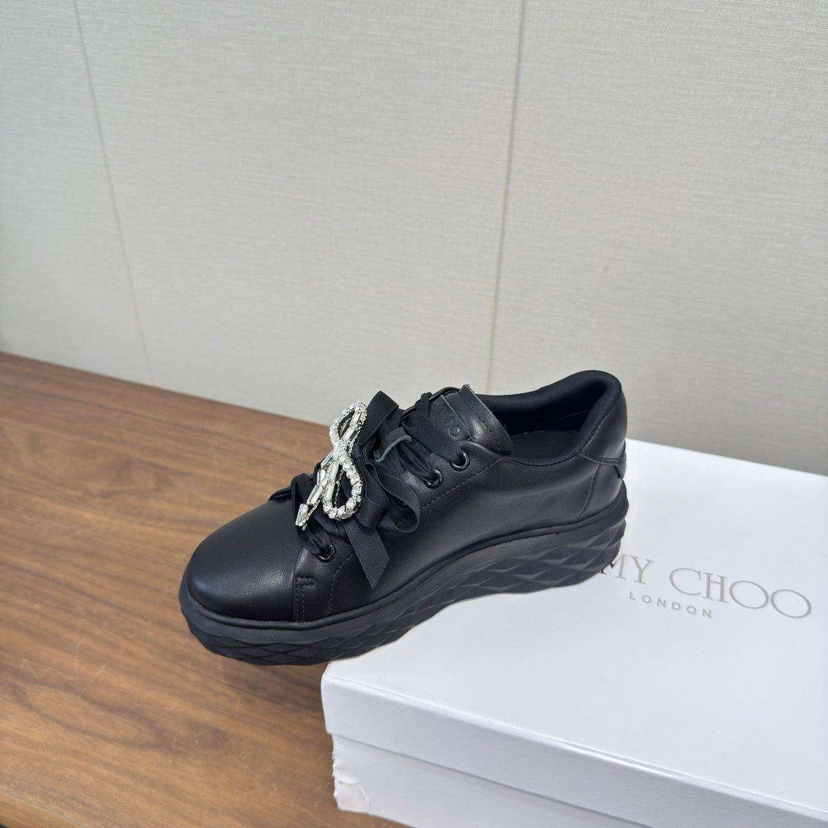 Jimmy Choo 26S Sneakers 5.5cm Black Calfskin With Crystal Bow 472915