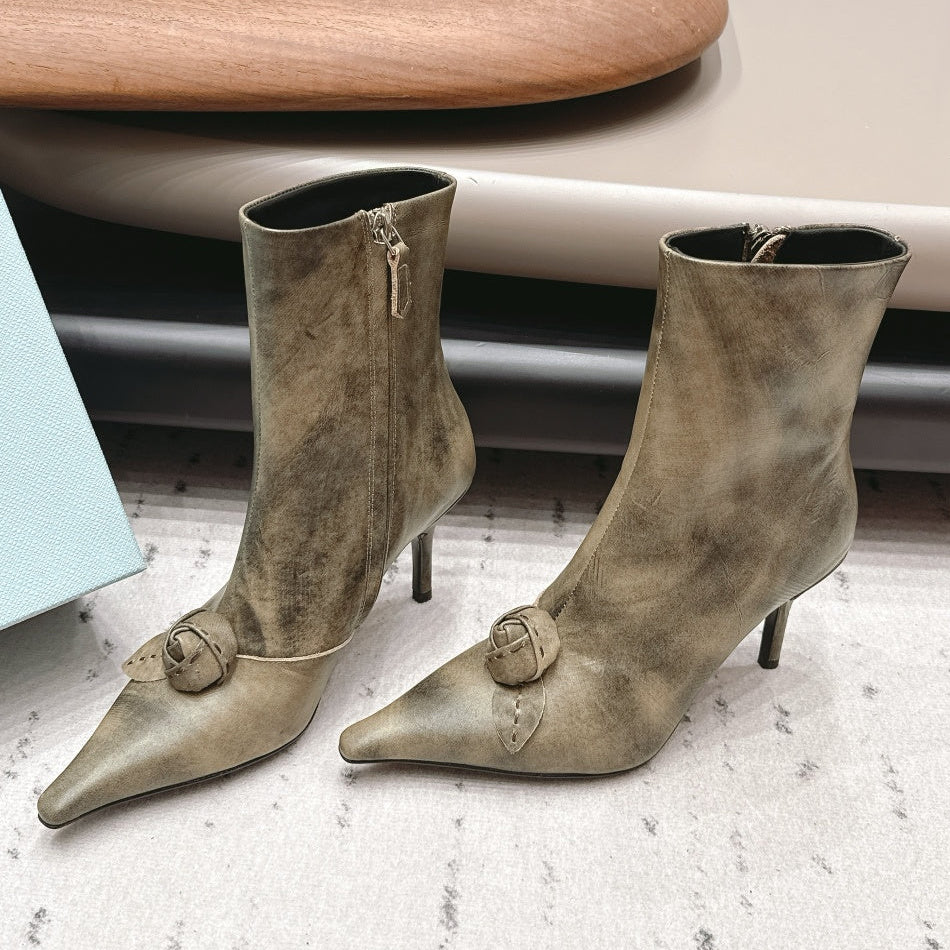 Prada 2026 Floral Pointed-Toe Boots 75mm Leather 176067