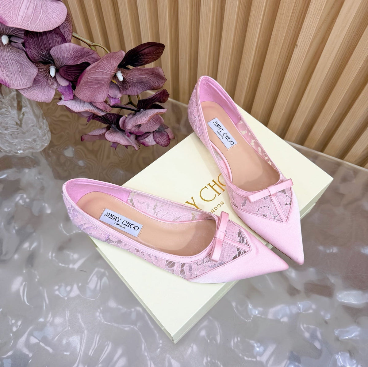 Jimmy Choo 26S Flats Light Pink Lace And Satin 382914