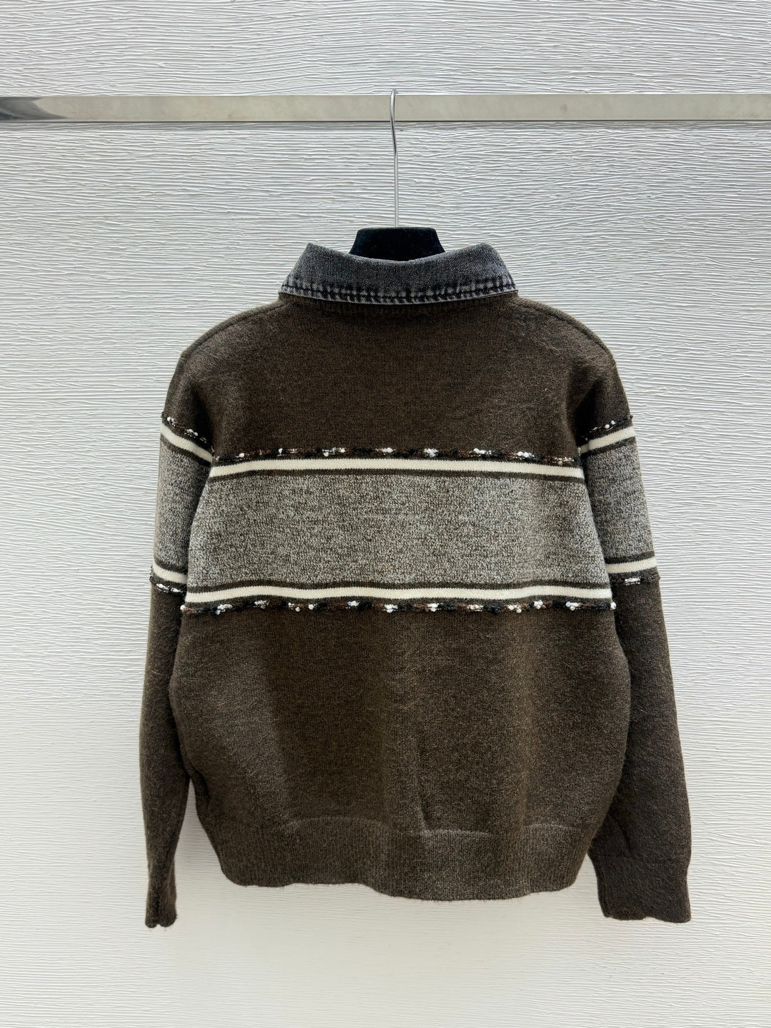 Miu 26FW Collared Cashmere Cardigan Denim Collar Striped Embellishments Ash Wool 313354