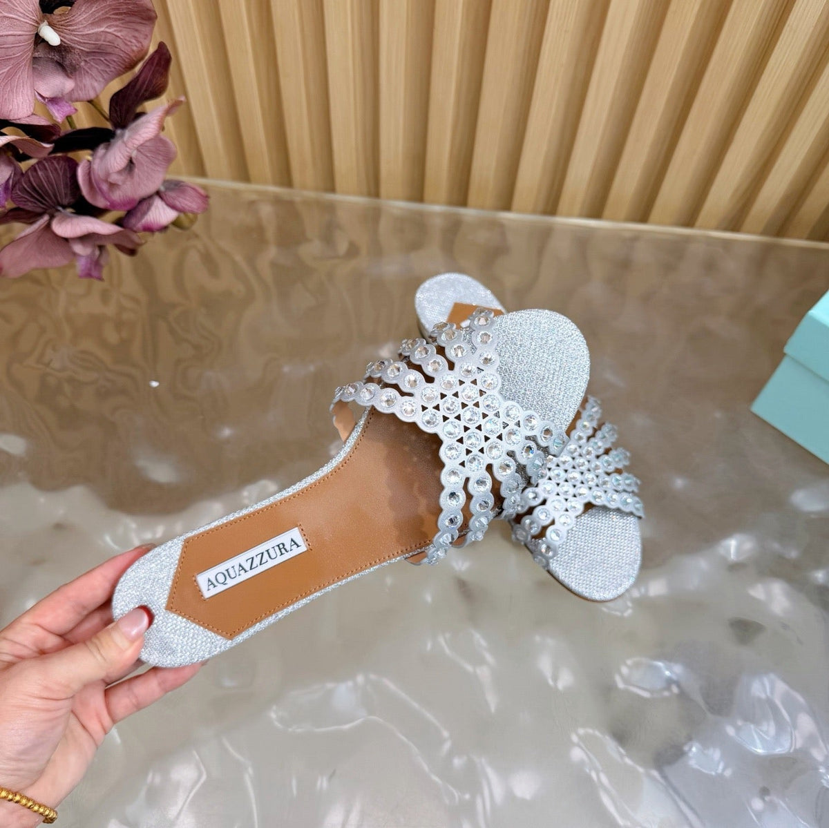 Aquazzura 26s Slides Silver Lurex Fabric 839214